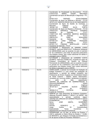 21


                                 Coordenador de Fiscalização de Documentos - FC-03
                                 913615-0-03           MARIO         CÉSAR         MACHADO
                                 Coordenador de Apoio de Manutenção e Segurança - FC-
                                 03
                                 657051-8-01              RAPHAEL            SCHILICKMANN
                                 Coordenador de Apoio de Sistemas e Normas – FC-03
                                 367673-0-01 MARCOS REGIO SILVA DO NASCIMENTO
                                 Coordenador de Apoio de Gestão de Contratos e
                                 Recursos                Externos           –            FC-03
                                 182336-1-02             HEBER           SILVA          POETA
                                 Coordenador de Apoio de Registro e Protocolo - FC-03
                                 370033-0-01        GRASIELE         PATRICIA       GODINHO
                                 Assistente         de          Gabinete        –        FC-01
                                 314657-0-02 ANA CATARINA BENFICA BARBOSA
                                 Assistente         de          Gabinete        –        FC-01
                                 236516-2-01                   TANIA              ROHLEDER
                                 Assistente         de          Gabinete        –        FC-01
                                 657448-3-01          LIANA        CRISTINA        TROGGIAN
                                 Assistente         de          Gabinete        –        FC-01
                                 657057-7-01        FABIANA         BORTOLUZZI          COSTA
                                 Assistente de Gabinete – FC-01
495   19/04/2012   19.315        AUTORIZAR o afastamento de JANAINA LOPES
                                 SCHMITZ, matrícula 653815-0-01, Professora Substituta
                                 da UDESC/ESAG, para se ausentar do país no período
                                 de 19 a 25/04/2012, para tratar de assuntos particulares
                                 nos Estados Unidos, sem custos adicionais de diárias e
                                 passagens para a UDESC.
496   19/04/2012   19.315        AUTORIZAR o afastamento de LEANDRO COSTA
                                 SCHMITZ, matrícula 375268-2-02, ocupante do cargo de
                                 Professor Universitário do Quadro de Pessoal
                                 Permanente da UDESC/ESAG, para se ausentar do país
                                 no período de 19 a 25/04/2012, para tratar de assuntos
                                 particulares nos Estados Unidos, sem custos adicionais
                                 de diárias e passagens para a UDESC.
499   19/04/2012   19.315        HOMOLOGAR, o parecer da Comissão de Avaliação de
                                 Estágio Probatório e o que consta nas avaliações de
                                 desempenho, o período de estágio probatório dos
                                 Professores de Ensino Superior da Universidade Estado
                                 de Santa Catarina - UDESC, abaixo relacionados,
                                 nomeados por concurso público, declarando-os estáveis,
                                 a         partir         da         data         especificada:
                                 CENTRO DE CIÊNCIAS DA ADMINISTRAÇÃO E
                                 SÓCIO-ECONÔMICAS                         -              ESAG
                                 Matrícula/Nome                                       /Vigência
                                 381337-02-1          VALERIO           ALECIO        TURNES
                                 A               partir             de              01/04/2012
                                 395384-01-0                   PATRICIA                 BONINI
                                 A partir de 17/03/2012
520   19/04/2012   19.315        ADMITIR em vaga temporária de Professor Substituto,
                                 referente Processo Seletivo n° 06/2011 na UDESC, nas
                                 especialidades         e     período     conforme       segue:
                                 CENTRO DE CIÊNCIAS DA ADMINISTRAÇÃO E SÓCIO
                                 ECONÔMICAS                           -                  ESAG
                                 Nome:            JOSÉ           GENTIL           SCHREIBER
                                 Classe:                                                Adjunto
                                 Período:           02/04/2012            a         30/07/2012
                                 Carga            horária:          04         horas/atividade
                                 Especialidade:            Teoria         Econômica           II
                                 Departamento de Ciências Econômicas
527   19/04/2012   19.315        PRORROGAR, por 30 dias, os termos da Portaria n°
                                 236/12, publicada no Diário Oficial do Estado n° 19.286,
                                 de 06/03/2012, que designou Comissão de Sindicância a
                                 fim de apurar os fatos do Processo 16535/2011.
 