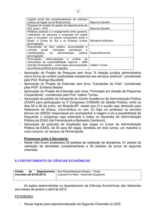 35


         Capital social dos empreendedores da indústria
         criativa da região sul do Brasil [novo]                Maurício Serafim
         Proposta de modelo de gestão de departamento de
         IES [novo – DTI]                                       Maurício Serafim
         Políticas públicas e o engajamento entre governo,
         instituições de pesquisa e empresas em ações
         para a inovação: um estudo comparativo entre o
         Brasil, a Coreia do Sul e os Estados Unidos            Micheline Hoffmann
         [prorrogação]
         Coprodução do bem público, accountability e
         controle     social:   interações    conceituais   e
         manifestações        na     administração    pública   Paula Schommer
         [prorrogação]
         Formulação, sistematização e análise de
         Indicadores de sustentabilidade regional – SDR
         Grande Florianópolis – como base para proposição       Valério Turnes
         de políticas públicas [prorrogação]
    Aprovação do Projeto de Pesquisa sem ônus "A relação jurídica administrativa
     como forma de conferir publicidade substancial aos serviços públicos", coordenado
     pelo Prof. Rodrigo Bousfield.
    Aprovação do Projeto de Extensão sem ônus “Campeões da Vida", coordenado
     pela Profª. Emiliana Debetir.
    Aprovação do Projeto de Extensão sem ônus “Formação em Gestão de Pequenas
     Cooperativas", coordenado pelo Prof. Valério Turnes.
    Aprovação do pedido de transporte do Centro Acadêmico de Administração Pública
     (CAAP) para participação no V Congresso CONSAD de Gestão Pública, entre os
     dias 04 a 06 de junho, em Brasília-DF, desde que (i) o auxílio seja oferecido para
     fretamento de ônibus, micro-ônibus ou van, (ii) haja um professor ou servidor
     técnico da UDESC responsável por acompanhar a viagem e (iii) a possibilidade de
     frequentar o congresso seja estendida a todos os discentes de Administração
     Pública da ESAG (de Florianópolis e Balneário Camboriú).
    Aprovação da proposta de ampliação das vagas no Curso de Administração
     Pública da ESAG, de 50 para 80 vagas, divididas em dois turnos, um matutino e
     outro noturno, no campus de Florianópolis.

     Processos junto à Secretaria:
    Neste mês foram analisados 03 pedidos de validação de disciplinas, 01 pedido de
     validação de atividades complementares e 26 pedidos de prova de segunda
     chamada.


6.3 DEPARTAMENTO DE CIÊNCIAS ECONÔMICAS


Chefes    de     Departamento      Ana Paula Menezes Pereira – Titular
(mandato até 02.09.2013)           Lisandro Fin Nishi - Subchefe (Suplente)



     As ações desenvolvidas no departamento de Ciências Econômicas são referentes
aos meses de janeiro a abril de 2012.

FEVEREIRO

    Novas regras para operacionalização da Segunda Chamada no DCE;
 