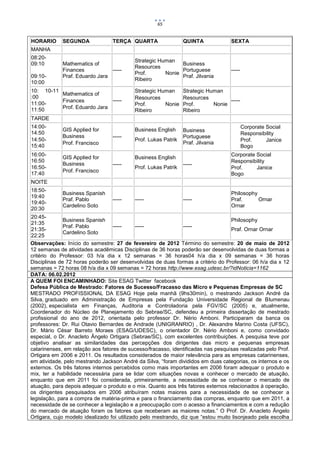 65


HORARIO      SEGUNDA             TERÇA QUARTA                   QUINTA             SEXTA
MANHA
08:20-
                                           Strategic Human
09:10        Mathematics of                                  Business
                                           Resources
             Finances           -----                        Portuguese            -----
                                           Prof.       Nonie
09:10-       Praf. Eduardo Jara                              Praf. Jilvania
                                           Ribeiro
10:00
10: 10-11                                  Strategic Human      Strategic Human
          Mathematics of
:00                                        Resources            Resources
          Finances           -----                                                -----
11:00-                                     Prof.       Nonie    Prof.       Nonie
11:50     Prof. Eduardo Jara
                                           Ribeiro              Ribeiro
TARDE
14:00-                                                                                     Corporate Social
             GIS Applied for               Business English     Business
14:50                                                                                      Responsibility
             Business            -----                          Portuguese
14:50-                                     Prof. Lukas Patrik                              Prof.     Janice
             Prof. Francisco                                    Praf. Jilvania
15:40                                                                                      Bogo
16:00-                                                                             Corporate Social
             GIS Applied for               Business English
16:50                                                                              Responsibility
             Business            -----                          -----
16:50-                                     Prof. Lukas Patrik                      Prof.     Janice
             Prof. Francisco
17:40                                                                              Bogo
NOITE
18:50-
             Business Spanish                                                      Philosophy
19:40
             Praf. Pablo         -----     -----                -----              Praf.      Ornar
19:40-
             Cardelino Soto                                                        Ornar
20:30
20:45-
              Business Spanish                                                     Philosophy
21:35
              Praf. Pablo         -----      -----              -----
21:35-                                                                             Praf. Ornar Ornar
              Cardelino Soto
22:25
Observações: Início do semestre: 27 de fevereiro de 2012 Término do semestre: 20 de maio de 2012
12 semanas de atividades acadêmicas Disciplinas de 36 horas poderão ser desenvolvidas de duas formas a
critério do Professor: 03 h/a dia x 12 semanas = 36 horas04 h/a dia x 09 semanas = 36 horas
Disciplinas de 72 horas poderão ser desenvolvidas de duas formas a critério do Professor: 06 h/a dia x 12
semanas = 72 horas 08 h/a dia x 09 semanas = 72 horas http://www.esag.udesc.br/?idNoticia=1162
DATA: 06.02.2012
A QUEM FOI ENCAMINHADO: Site ESAG Twitter facebook
Defesa Pública de Mestrado: Fatores de Sucesso/Fracasso das Micro e Pequenas Empresas de SC
MESTRADO PROFISSIONAL DA ESAG Hoje pela manhã (9hs30min), o mestrando Jackson André da
Silva, graduado em Administração de Empresas pela Fundação Universidade Regional de Blumenau
(2002), especialista em Finanças, Auditoria e Controladoria pela FGV/SC (2005) e, atualmente,
Coordenador do Núcleo de Planejamento do Sebrae/SC, defendeu a primeira dissertação de mestrado
profissional do ano de 2012, orientada pelo professor Dr. Nério Amboni. Participaram da banca os
professores: Dr. Rui Otavio Bernardes de Andrade (UNIGRANRIO) , Dr. Alexandre Marino Costa (UFSC),
Dr. Mário César Barreto Moraes (ESAG/UDESC), o orientador Dr. Nério Amboni e, como convidado
especial, o Dr. Anacleto Ângelo Ortigara (Sebrae/SC), com excelentes contribuições. A pesquisa teve por
objetivo analisar as similaridades das percepções dos dirigentes das micro e pequenas empresas
catarinenses, em relação aos fatores de sucesso/fracasso, identificadas nas pesquisas realizadas pelo Prof.
Ortigara em 2006 e 2011. Os resultados considerados de maior relevância para as empresas catarinenses,
em atividade, pelo mestrando Jackson André da Silva, “foram divididos em duas categorias, os internos e os
externos. Os três fatores internos percebidos como mais importantes em 2006 foram adequar o produto e
mix, ter a habilidade necessária para se lidar com situações novas e conhecer o mercado de atuação,
enquanto que em 2011 foi considerada, primeiramente, a necessidade de se conhecer o mercado de
atuação, para depois adequar o produto e o mix. Quanto aos três fatores externos relacionados à operação,
os dirigentes pesquisados em 2006 atribuíram notas maiores para a necessidade de se conhecer a
legislação, para a compra de matéria-prima e para o financiamento das compras, enquanto que em 2011, a
necessidade de se conhecer a legislação e a preocupação com o acesso a financiamentos e com a redução
do mercado de atuação foram os fatores que receberam as maiores notas.” O Prof. Dr. Anacleto Ângelo
Ortigara, cujo modelo idealizado foi utilizado pelo mestrando, diz que “estou muito lisonjeado pela escolha
 