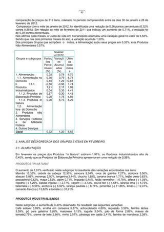 95


    comparação de preços de 319 itens, coletado no período compreendido entre os dias 30 de janeiro a 28 de
    fevereiro de 2012.
     Comparado com o mês de janeiro de 2012, foi identificada uma redução de 0,56 pontos percentuais (0,32%
    contra 0,88%). Em relação ao mês de fevereiro de 2011 que indicou um aumento de 0,71%, a redução foi
    de 0,39 pontos percentuais.
    Nos últimos doze meses, o Custo de vida em Florianópolis acumulou uma variação geral no valor de 6,55%.
    Sendo que nos dois primeiros meses do ano, a variação acumula 1,20%.
    Dos principais Grupos que compõem o índice, a Alimentação subiu seus preços em 0,35%, e os Produtos
    Não Alimentares 0,57%.

                                     fevereir
                                     o/ 2012
    Grupos e subgrupos      Variaç   Variaçõ     Últim
                             ões         es       os
                            Perce    Acumul      doze
                            ntuais     adas      mese
                             (%)        (%)        s
    1. Alimentação            0,35        0,78    6,70
     1.1. Alimentação no      0,36        0,79    6,75
    Domicílio                 0,40        1,29   10,81
1.1.3.          1.1.1.       -0,56       -0,96    1,74
    Produtos                  1,91        2,17    1,99
    Industrializados          0,04        0,35    4,41
       1.1.2. Produtos de     0,57       -0,30    4,45
    Elaboração Primária       0,00        1,75    6,89
       1.1.3. Produtos In     0,00        5,73    8,29
    Natura
     1.2.     Alimentação
    fora do Domicílio
    2.    Produtos      não
    Alimentares
    3. Serviços Públicos
    e     de      Utilidade
    Pública
    4. Outros Serviços
    Geral                     0,32       1,20     6,55

                .
    2. ANÁLISE DESAGREGADA DOS GRUPOS E ITENS EM FEVEREIRO

    2.1- ALIMENTAÇÃO

    Em fevereiro os preços dos Produtos “In Natura” subiram 1,91%, os Produtos Industrializados alta de
    0,40%, sendo que os Produtos de Elaboração Primária apresentaram uma redução de 0,56%.

    PRODUTOS ”IN NATURA”

    O aumento de 1,91% verificado neste subgrupo foi resultante das variações encontradas nos itens:
    Mamão 13,35%, cebola de cabeça 12,30%, cenoura 9,34%, ovos de galinha 7,27%, abóbora 5,50%,
    abacaxi 5,08%, morango 2,50%, tangerina 2,44%, chuchu 1,85%, banana branca 1,71%, feijão preto 0,83%,
    pescadinha 0,82%, maça 0,82%, aipim 0,71%, linguado 0,45%, feijão vermelho (-) 0,78%, alface (-) 1,05%,
    repolho (-) 1,26%, batata inglesa (-) 2,77%, vagem (-) 3,73%, couve-flor (-) 4,54%, laranja lima (-) 4,73%,
    beterraba (-) 5,56%, anchova (-) 6,92%, laranja paulista (-) 8,74%, pimentão (-) 11,86%, limão (-) 12,41%,
    camarão fresco (-) 13,82% e tomate (-) 31,91%.


    PRODUTOS INDUSTRIALIZADOS

    Neste subgrupo, o aumento de 0,40% observado, foi resultado das seguintes variações:
    Café solúvel 5,89%, ervilha em conserva 5,87%, achocolatado 4,80%, requeijão 3,59%, farinha láctea
    3,59%, pó para gelatina 3,26%, maionese 3,12%, iogurte 3,04%, pão de forma 2,89%, massa de
    tomate2,75%, creme de leite 2,66%, vinho 2,57%, pêssego em calda 2,41%, farinha de mandioca 2,08%,
 