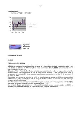 97



Evolução do IPC
     Periodo: MAR/2011 - FEV/2012


  1,5

    1

  0,5

    0                                          Alimentacao

  -0,5                                         Geral

   -1

  -1,5
         Mar   Jun   Set   Dez




                                 Alimentaca
                                 o
                                 Nao Aliment

                                 Serv. Publ.




Influência na Variação


MARÇO

1. INFORMAÇÕES GERAIS

O Índice de Preços ao Consumidor (Custo de Vida) de Florianópolis, calculado e divulgado desde 1968,
pelo Centro de Ciências da Administração e Sócio Econômicas ESAG/UDESC, apresentou no mês de
março, uma redução de 0,02%.
O Custo de Vida - Florianópolis reflete a variação de preços incidentes sobre os orçamentos de famílias
florianopolitanas, com rendimentos de um a vinte salários mínimos, e foi calculado com base na
comparação de preços de 319 itens, coletado no período compreendido entre os dias 29 de fevereiro a 29
de março de 2012.
 Comparado com o mês de fevereiro de 2012, foi identificada uma redução de 0,30 pontos percentuais
(0,02% contra 0,32%). Em relação ao mês de março de 2011 que indicou um aumento de 0,85%, a redução
foi de 0,83 pontos percentuais.
Nos últimos doze meses, o Custo de vida em Florianópolis acumulou uma variação geral no valor de 5,63%.
Sendo que no primeiro trimestre do ano, a variação acumula 1,18%.
Dos principais Grupos que compõem o índice, a Alimentação teve seus preços reduzidos em 0,35%, os
Produtos Não Alimentares elevação de 0,63% e os Outros Serviços, alta de 1,40%.
 