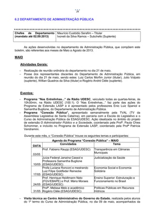 26

6.2 DEPARTAMENTO DE ADMINISTRAÇÃO PÚBLICA

Chefes de Departamento Maurício Custódio Serafim – Titular
(mandato até 02.09.2013)
Ivoneti da Silva Ramos – Subchefe (Suplente)

As ações desenvolvidas no departamento de Administração Pública, que compõem este
boletim, são referentes aos meses de Maio a Agosto de 2013.

MAIO
Atividades Gerais:



Realização de reunião ordinária do departamento no dia 21 de maio.
Posse dos representantes discentes do Departamento de Administração Pública, em
reunião do dia 21 de maio, sendo estes: Luiz Carlos Morfim Junior (titular), Julio Volpato
(suplente), Willian Quadros da Silva (titular) e Rogério André Cléle (suplente).

Eventos:




Programa “Nas Entrelinhas...” da Rádio UDESC, veiculado todas as quartas-feiras, às
10h30min, na Rádio UDESC (100.1). O “Nas Entrelinhas...” faz parte das ações do
Programa de Extensão LASP e é apresentado pelos professores Enio Luiz Spaniol e
Samantha Buglione, do Departamento de Administração Pública.
Programa “Conexão Pública”, apresentado semanalmente pela TVAL (TV da
Assembleia Legislativa de Santa Catarina), em parceria com a Escola do Legislativo e o
Curso de Administração Pública da ESAG/UDESC. Ação idealizada no âmbito do projeto
de extensão O Administrador Público e a Sociedade, coordenado pela Profª. Paula Chies
Schommer, e incluído no Programa de Extensão LASP, coordenado pela Profª Patrícia
Vendramini.
Durante este mês, o “Conexão Pública” trouxe os seguintes temas e participantes:

DATA

Agenda do Programa “Conexão Pública” – MAIO
Convidados
Tema
Prof. Fabiano Raupp (ESAG/UDESC)

Transparência em Câmaras
Municipais

Juíza Federal Janaína Cassol e
Professora Samantha Buglione
(ESAG/UDESC)
Profa Luciana Ronconi e mestrando
Luiz Filipe Goldfeder Reinecke
(ESAG/UDESC)
Prof. Henrique Heidtmann Neto
(FGV/EBAPE) e Prof. Mário Moraes
(ESAG/UDESC)
Profª. Melissa Melo e acadêmico
Rogério Cléle (ESAG/UDESC)

Judicialização da Saúde

03/05

10/05

17/05

24/05
31/05


Economia Social e Economia
Solidária
Ensino Superior: Estruturação e
Funcionamento no Brasil
Politicas Públicas em Recursos
Hídricos

Visita técnica ao Centro Administrativo do Governo do Estado, realizada pelos alunos
do 1º termo do Curso de Administração Pública, no dia 09 de maio, acompanhados da

 
