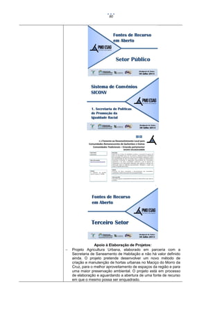 80



Apoio à Elaboração de Projetos:
Projeto Agricultura Urbana, elaborado em parceria com a
Secretaria de Saneamento de Habitação e não há valor definido
ainda. O projeto pretende desenvolver um novo método de
criação e manutenção de hortas urbanas no Maciço do Morro da
Cruz, para o melhor aproveitamento de espaços da região e para
uma maior preservação ambiental. O projeto está em processo
de elaboração e aguardando a abertura de uma fonte de recurso
em que o mesmo possa ser enquadrado.

 