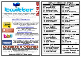 ESCALA DO CÍRCULO DE ORAÇÃO
                                                                                                              SEDE                 JARDIM MURIBECA
                                                                                                 Data         Pregador        Data       Pregador
                                                                                                 05     MARIA PEREIRA          06    SIMONE
                                                                                                 12     ISABEL CRISTINA        13    MICHELE
                                                                                                 19     PR. EVÂNIO PESSOA      20    GISELE
                                                                                                 26     AUX. JOSAFÁ MENDES     27    DIÁC. AÉCIO DIOGO
 A partir deste mês de Novembro estaremos deixando nossas atividades
    na rede social Orkut e estaremos entrando no Twitter por conta da                                     NOVA ROMA                     MACAIBA
migração de grande parte de nossos irmãos internautas para esta rede e                           Data        Pregador         Data        Pregador
para o Facebook, Siga-nos no Twitter mais um canal para estramos mais
                                                                                                  04    DIÁC. JOSÉ DIAS        07    LIA
                              perto de você:
                                                                                                  11    MARIA PEREIRA          14    DORINHA
                        https://twitter.com/IPADPrazeres                                          18    PR. EVÂNIO PESSOA      21    DIÁC. BENEDITO
                        Se você tiver sugestões sobre mudanças, melhoramentos                     25    FERIADO DE NATAL       28    BETÂNIO
                         ou mensagens para a comunicação, nos envie via email.
                           Contamos com sua opinião, ela vale muito para nós.                               JORDÃO                JARDIM DO NAUTICO
                                             Envie suas sugestões:                               Data         Pregador        Data       Pregador
                                     comunicacaoipad@hotmail.com                                  07    DIÁC. CARMÉLIO         07    DORINHA
                                  Dúvidas, Conselhos, Busca por uma palavra.                      13    AUX. AMARO JERONIMO    14    GISELE
                                              Fale com o Pastor.
                                     Envie um e-mail e converse com ele:                          20    SOCORRO SOUZA          21    VALDENICE
                                     prmanassessantos@ig.com.br                                   27    MARIA LUCIA            28    PR. EVÂNIO PESSOA
                                Acesse nosso blog e fique por dentro de todas as
                               novidades da nossa igreja, festividades, mensagens,                         DOIS RIOS               NOVA DESCOBERTA
                                enquetes, fotos de eventos, rádio on-line, mural de              Data        Pregador         Data       Pregador
                                              recados e muito mais.
                                                                                                  03    SOCORRO SOUZA          03    SOLANGE
                                     www.ipadprazeres.blogspot.com                                10    DIÁC. AÉCIO DIOGO      10    MARIA URBENO
                          Curta a nossa página no Facebook e fiquem por dentro de                 17    MICHELE                17    LIA
                             todas as novidades e avisos de ultima hora de nossa                  24    DIÁC. BENEDITO         24    GLEIBSON
                            igreja, mais um canal para estarmos mais próximos de
                                                      vocês, curta:                               31    DIÁC. CARMÉLIO         31    PB. ROBERTO RAMOS
                                       www.facebook.com/IPAD.PRAZERES                                        PIO XII
                                                                                                 Data          Pregador
                                                                                                                                        2012
  ********************************************************************************************
                                                                                                  06    EDINALVA MARGARIDA
  Honra ao Senhor com os teus bens, e com a primeira parte de todos os
 teus ganhos; E se encherão os teus celeiros, e transbordarão de vinho os
                                                                                                  13    AUX. JOSAFÁ MENDES     Ano de Crescimento
                                                                                                  20    MARIA JOSÉ ALVES
                     teus lagares. Provérbios 3.9-10                                                                          Espiritual. É tempo de
   Se você ainda não é dizimista procure o nosso tesoureiro e pegue seu                           27    ISABEL CRISTINA
                           envelope de dízimo.                                                                                   Buscar a Deus.
               Não deixe de contribuir com a obra do Senhor!!!
 