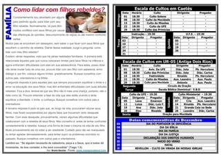 Escala de Cultos em Caetés

pais pedindo ajuda, para lidar com seu
filho rebelde. Normalmente, os pais têm
muitos conflitos com seus filhos por causa
verbal.
Muitos pais se encontram em desespero, sem saber o que fazer com seus filhos que
escolhem o caminho da rebeldia. Diante dessa realidade, surge a pergunta: como

Terça

das diferenças de opiniões, descumprimento de regras ou até mesmo confronto

lidar com meu filho rebelde?

Data
01
08
15
22
29
Data
03
10
17
24
31

Horário
18:30
18:30
18:30
18:30
18:30

Culto
Culto Solene
Culto da Mocidade
Culto de Missões
Culto da UFE
Culto das Primícias

Instrução – 19:30
Dirigente
Pregador
-

Quinta

Constantemente sou abordado por alguns

Domingo

Como lidar com filhos rebeldes?

Dirigente
Data
05
12
19
26

Pregador
-

U.F.E. – 19:30
Dirigente
Pregador
-

Existem várias respostas, visto que há várias realidades familiares. A primeira está

Escala de Cultos em UR-05 (Antiga Dois Rios)

agora enfrentam dificuldades com eles em sua adolescência. Para estes, posso dizer:

Data
01
08
15
22
29

diálogo e, por fim, coloque alguns limites, gradativamente. Busque conselhos com
outros pais, orientadores e na Bíblia.
A segunda resposta é para aqueles pais que sempre procuraram equilibrar o limite e o

Segunda
Terça

amor na educação dos seus filhos, mas têm enfrentado dificuldades com suas atitudes
rebeldes. Fica a dica: lembre-se que seu filho não é mais uma criança, portanto, não o

orientadores

Quinta

trate como tal. Procure entender a fase da vida que eles estão vivendo e tente
equilibrar a liberdade, o limite, a confiança. Busque conselhos com outros pais e
A terceira resposta é para os pais que, ao longo da vida, procuraram educar seus
filhos, mas foram surpreendidos por alguns fatos que trouxeram certo desajuste
familiar. Com esse desajuste, provavelmente, vieram algumas dificuldades que
colaboraram com a rebeldia de seus filhos. Meu conselho é: antes de tentar confrontar
constantemente a rebeldia, busque uma forma de tratar o trauma na vida de seu filho.
Muito provavelmente ele irá voltar a ser obediente. Cuidado para não ser manipulado
ou tentar agradar demasiadamente, para tentar suprir os problemas ocorridos no
passado. Busque conselhos com outros pais e orientadores.
Lembre-se: “Se alguém necessita de sabedoria, peça-a a Deus, que a todos dá
livremente, de boa vontade; e lhe será concedida” (Tiago 1.5).
Por: Bruno Bacelar - Fonte: www.nopapocabeca.com

Horário
18:30
18:30
18:30
18:30
18:30

Culto
Aviv. Da UFE
Culto das Primícias
Festividade
Culto de Missões

Dirigente
Pregador
Diác. Jota
Pb. Herculano
Diác. Jota
Diác. Carlos
Rinaldo
Pb. Herculano
Aux. Leandro
Aux. Paulo
Culto para Mocidade
Antonio
Aux. Paulo
Circulo de Oração
Escola Bíblica Dominical - E.B.D

Culto da UFE – 19:30
Culto Ministerial – 19:30
Data
Dirigente
Pregador
Data Dirigente
Pregador
05
Lane
Emerson
07
Cris
Aux. Leandro
12
Luiza
Diác. Luiz F.
14
Rinaldo Pb. Herculano
19
Ana
Diác. Jota
21
Grande Ceia na Sede
26
Elen
Rinaldo
28
Leandro
Diác. Carlos
Oração para Mocidade
Sexta

Sábado

não tente mudar tudo de uma vez, procure lidar com seu filho com sabedoria, amor,

Domingo

relacionada àqueles pais que nunca colocaram limites para seus filhos na infância e

Datas comemorativas de Dezembro
03
08
08
08
10
22
25
31

DIA DO PORTADOR DE DEFICIÊNCIA
DIA DA BÍBLIA
DIA DA FAMÍLIA
DIA DA JUSTIÇA
DECLARAÇÃO DOS DIREITOS HUMANOS
INICIO DO VERÃO
NATAL
REVEILLON – CULTO DA VIRADA EM NOSSAS IGREJAS

 