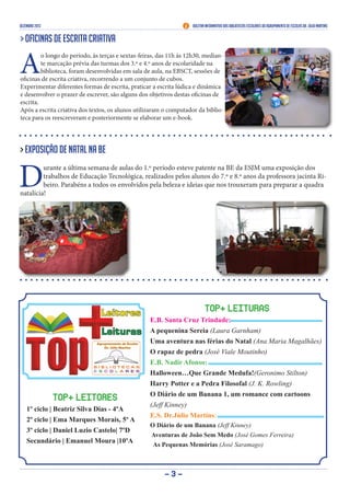 dezembro 2013

Boletim Informativo das Bibliotecas Escolares do Agrupamento de Escolas Dr. Júlio Martins

> Oficinas de Escrita Criativa

A

o longo do período, às terças e sextas-feiras, das 11h às 12h30, mediante marcação prévia das turmas dos 3.º e 4.º anos de escolaridade na
biblioteca, foram desenvolvidas em sala de aula, na EBSCT, sessões de
oficinas de escrita criativa, recorrendo a um conjunto de cubos.
Experimentar diferentes formas de escrita, praticar a escrita lúdica e dinâmica
e desenvolver o prazer de escrever, são alguns dos objetivos destas oficinas de
escrita.
Após a escrita criativa dos textos, os alunos utilizaram o computador da biblioteca para os reescreveram e posteriormente se elaborar um e-book.

> Exposição de Natal na BE

D

urante a última semana de aulas do 1.º período esteve patente na BE da ESJM uma exposição dos
trabalhos de Educação Tecnológica, realizados pelos alunos do 7.º e 8.º anos da professora jacinta Ribeiro. Parabéns a todos os envolvidos pela beleza e ideias que nos trouxeram para preparar a quadra
natalícia!

TOP+ LEITURAS

TOP+ LEITORES
1º ciclo | Beatriz Silva Dias - 4ºA
2º ciclo | Ema Marques Morais, 5º A
3º ciclo | Daniel Luzio Castelo| 7ºD
Secundário | Emanuel Moura |10ºA

E.B. Santa Cruz Trindade:
A pequenina Sereia (Laura Garnham)
Uma aventura nas férias do Natal (Ana Maria Magalhães)
O rapaz de pedra (José Viale Moutinho)
E.B. Nadir Afonso:
Halloween…Que Grande Medufa!(Geronimo Stilton)
Harry Potter e a Pedra Filosofal (J. K. Rowling)
O Diário de um Banana 1, um romance com cartoons
(Jeff Kinney)
E.S. Dr.Júlio Martins:
O Diário de um Banana (Jeff Kinney)
Aventuras de João Sem Medo (José Gomes Ferreira)
As Pequenas Memórias (José Saramago)

-3-

 