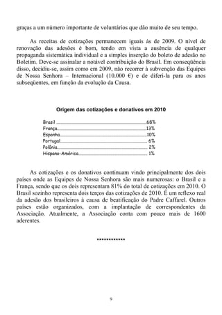 9
graças a um número importante de voluntários que dão muito de seu tempo.
As receitas de cotizações permanecem iguais às de 2009. O nível de
renovação das adesões é bom, tendo em vista a ausência de qualquer
propaganda sistemática individual e a simples inserção do boleto de adesão no
Boletim. Deve-se assinalar a notável contribuição do Brasil. Em conseqüência
disso, decidiu-se, assim como em 2009, não recorrer à subvenção das Equipes
de Nossa Senhora – Internacional (10.000 €) e de diferi-la para os anos
subseqüentes, em função da evolução da Causa.
Origem das cotizações e donativos em 2010
Brasil .................................................................................68%
França................................................................................13%
Espanha..............................................................................10%
Portugal.............................................................................. 6%
Polônia................................................................................. 2%
Hispano-América.............................................................. 1%
As cotizações e os donativos continuam vindo principalmente dos dois
países onde as Equipes de Nossa Senhora são mais numerosas: o Brasil e a
França, sendo que os dois representam 81% do total de cotizações em 2010. O
Brasil sozinho representa dois terços das cotizações de 2010. É um reflexo real
da adesão dos brasileiros à causa de beatificação do Padre Caffarel. Outros
países estão organizados, com a implantação de correspondentes da
Associação. Atualmente, a Associação conta com pouco mais de 1600
aderentes.
************
 