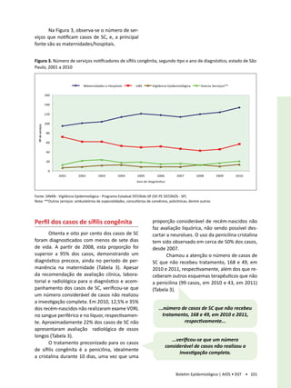 Na Figura 3, observa-se o número de ser-
viços que notificam casos de SC, e, a principal
fonte são as maternidades/hospitais.


Figura 3. Número de serviços notificadores de sífilis congênita, segundo tipo e ano de diagnóstico, estado de São
Paulo, 2001 a 2010


                                  Maternidades e Hospitais     UBS        Vigilância Epidemiológica     Outros Serviços**

                   160


                   140


                   120


                   100
  Nº de serviços




                    80


                    60


                    40


                    20


                     0
                         2001   2002       2003        2004     2005         2006        2007         2008        2009      2010
                                                                Ano de diagnósƟco



Fonte: SINAN - Vigilância Epidemiológica - Programa Estadual DST/Aids-SP (VE-PE DST/AIDS - SP)
Nota: **Outros serviços: ambulatórios de especialidades, consultórios de convênios, policlínicas, dentre outros




Perfil dos casos de sífilis congênita                                     proporção considerável de recém-nascidos não
                                                                          faz avaliação liquórica, não sendo possível des-
       Oitenta e oito por cento dos casos de SC                           cartar a neurolues. O uso da penicilina cristalina
foram diagnosticados com menos de sete dias                               tem sido observado em cerca de 50% dos casos,
de vida. A partir de 2008, esta proporção foi                             desde 2007.
superior a 95% dos casos, demonstrando um                                        Chamou a atenção o número de casos de
diagnóstico precoce, ainda no período de per-                             SC que não recebeu tratamento, 168 e 49, em
manência na maternidade (Tabela 3). Apesar                                2010 e 2011, respectivamente, além dos que re-
da recomendação de avaliação clínica, labora-                             ceberam outros esquemas terapêuticos que não
torial e radiológica para o diagnóstico e acom-                           a penicilina (99 casos, em 2010 e 43, em 2011)
panhamento dos casos de SC, verificou-se que                              (Tabela 3).
um número considerável de casos não realizou
a investigação completa. Em 2010, 12,5% e 35%
dos recém-nascidos não realizaram exame VDRL                                  ...número de casos de SC que não recebeu
no sangue periférico e no líquor, respectivamen-                                tratamento, 168 e 49, em 2010 e 2011,
te. Aproximadamente 22% dos casos de SC não                                              respectivamente...
apresentaram avaliação radiológica de ossos
longos (Tabela 3).
                                                                                       ...verificou-se que um número
       O tratamento preconizado para os casos
                                                                                    considerável de casos não realizou a
de sífilis congênita é a penicilina, idealmente
                                                                                           investigação completa.
a cristalina durante 10 dias, uma vez que uma


                                                                                         Boletim Epidemiológico | AIDS • DST • 101
 