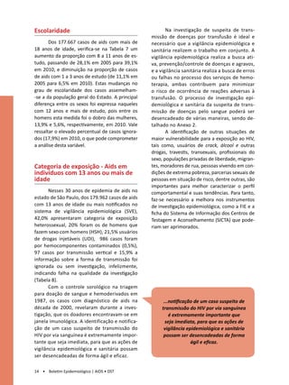 Escolaridade                                             Na investigação de suspeita de trans-
                                                  missão de doenças por transfusão é ideal e
       Dos 177.667 casos de aids com mais de      necessário que a vigilância epidemiológica e
18 anos de idade, verifica-se na Tabela 7 um      sanitária realizem o trabalho em conjunto. A
aumento da proporção com 8 a 11 anos de es-       vigilância epidemiológica realiza a busca ati-
tudo, passando de 28,1% em 2005 para 39,1%        va, prevenção/controle de doenças e agravos,
em 2010, e diminuição na proporção de casos       e a vigilância sanitária realiza a busca de erros
de aids com 1 a 3 anos de estudo (de 11,1% em     ou falhas no processo dos serviços de hemo-
2005 para 6,5% em 2010). Estas mudanças no        terapia, ambas contribuem para minimizar
grau de escolaridade dos casos assemelham-        o risco de ocorrência de reações adversas à
-se a da população geral do Estado. A principal   transfusão. O processo de investigação epi-
diferença entre os sexos foi expressa naqueles    demiológica e sanitária da suspeita de trans-
com 12 anos e mais de estudo, pois entre os       missão de doenças pelo sangue poderá ser
homens esta medida foi o dobro das mulheres,      desencadeado de várias maneiras, sendo de-
13,9% e 5,6%, respectivamente, em 2010. Vale      talhado no Anexo 2.
ressaltar o elevado percentual de casos ignora-          A identificação de outras situações de
dos (17,9%) em 2010, o que pode comprometer       maior vulnerabilidade para a exposição ao HIV,
a análise desta variável.                         tais como, usuários de crack, álcool e outras
                                                  drogas, travestis, transexuais, profissionais do
                                                  sexo, populações privadas de liberdade, migran-
Categoria de exposição - Aids em                  tes, moradores de rua, pessoas vivendo em con-
indivíduos com 13 anos ou mais de                 dições de extrema pobreza, parcerias sexuais de
idade                                             pessoas em situação de risco, dentre outras, são
                                                  importantes para melhor caracterizar o perfil
       Nesses 30 anos de epidemia de aids no      comportamental e suas tendências. Para tanto,
estado de São Paulo, dos 179.962 casos de aids    faz-se necessário a melhora nos instrumentos
com 13 anos de idade ou mais notificados no       de investigação epidemiológica, como a FIE e a
sistema de vigilância epidemiológica (SVE),       ficha do Sistema de Informação dos Centros de
42,0% apresentaram categoria de exposição         Testagem e Aconselhamento (SICTA) que pode-
heterossexual, 20% foram os de homens que         riam ser aprimorados.
fazem sexo com homens (HSH), 21,5% usuários
de drogas injetáveis (UDI), 986 casos foram
por hemocomponentes contaminados (0,5%),
97 casos por transmissão vertical e 15,9% a
informação sobre a forma de transmissão foi
ignorada ou sem investigação, infelizmente,
indicando falha na qualidade da investigação
(Tabela 8).
       Com o controle sorológico na triagem
para doação de sangue e hemoderivados em
1987, os casos com diagnóstico de aids na               ...notificação de um caso suspeito de
década de 2000, revelaram durante a inves-             transmissão do HIV por via sanguínea
tigação, que os doadores encontravam-se em                 é extremamente importante que
janela imunológica. A identificação e notifica-          seja imediata, para que as ações de
ção de um caso suspeito de transmissão do               vigilância epidemiológica e sanitária
HIV por via sanguínea é extremamente impor-             possam ser desencadeadas de forma
tante que seja imediata, para que as ações de                        ágil e eficaz.
vigilância epidemiológica e sanitária possam
ser desencadeadas de forma ágil e eficaz.

14 • Boletim Epidemiológico | AIDS • DST
 