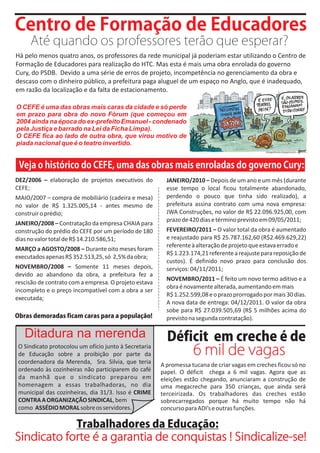 Centro de Formação de Educadores
     Até quando os professores terão que esperar?
Há pelo menos quatro anos, os professores da rede municipal já poderiam estar utilizando o Centro de
Formação de Educadores para realização do HTC. Mas esta é mais uma obra enrolada do governo
Cury, do PSDB. Devido a uma série de erros de projeto, incompetência no gerenciamento da obra e
descaso com o dinheiro público, a prefeitura paga aluguel de um espaço no Anglo, que é inadequado,
em razão da localização e da falta de estacionamento.

O CEFE é uma das obras mais caras da cidade e só perde
em prazo para obra do novo Fórum (que começou em
2004 ainda na época do ex-prefeito Emanuel - condenado
pela Justiça e barrado na Lei da Ficha Limpa).
O CEFE fica ao lado de outra obra, que virou motivo de
piada nacional que é o teatro invertido.


 Veja o histórico do CEFE, uma das obras mais enroladas do governo Cury:
DEZ/2006 – elaboração de projetos executivos do          JANEIRO/2010 – Depois de um ano e um mês (durante
CEFE;                                                    esse tempo o local ficou totalmente abandonado,
MAIO/2007 – compra de mobiliário (cadeira e mesa)        perdendo o pouco que tinha sido realizado), a
no valor de R$ 1.325.005,14 - antes mesmo de             prefeitura assina contrato com uma nova empresa:
construir o prédio;                                      JWA Construções, no valor de R$ 22.096.925,00, com
                                                         prazo de 420 dias e término previsto em 09/05/2011;
JANEIRO/2008 – Contratação da empresa CHAIA para
construção do prédio do CEFE por um período de 180       FEVEREIRO/2011 – O valor total da obra é aumentado
dias no valor total de R$ 14.210.586,51;                 e reajustado para R$ 25.787.162,60 (R$2.469.629,22)
                                                         referente à alteração de projeto que estava errado e
MARÇO a AGOSTO/2008 – Durante oito meses foram
                                                         R$ 1.223.174,21 referente a reajuste para reposição de
executados apenas R$ 352.513,25, só 2,5% da obra;
                                                         custos). É definido novo prazo para conclusão dos
NOVEMBRO/2008 – Somente 11 meses depois,                 serviços: 04/11/2011;
devido ao abandono da obra, a prefeitura fez a
                                                         NOVEMBRO/2011 – É feito um novo termo aditivo e a
rescisão de contrato com a empresa. O projeto estava
                                                         obra é novamente alterada, aumentando em mais
incompleto e o preço incompatível com a obra a ser
                                                         R$ 1.252.599,08 e o prazo prorrogado por mais 30 dias.
executada;
                                                         A nova data de entrega: 04/12/2011. O valor da obra
                                                         sobe para R$ 27.039.505,69 (R$ 5 milhões acima do
Obras demoradas ficam caras para a população!            previsto na segunda contratação).

   Ditadura na merenda                                   Déficit em creche é de
 O Sindicato protocolou um ofício junto à Secretaria
 de Educação sobre a proibição por parte da                        6 mil de vagas
 coordenadora da Merenda, Sra. Silvia, que teria       A promessa tucana de criar vagas em creches ficou só no
 ordenado às cozinheiras não participarem do café      papel. O déficit chega a 6 mil vagas. Agora que as
 da manhã que o sindicato preparou em                  eleições estão chegando, anunciaram a construção de
 homenagem a essas trabalhadoras, no dia               uma megacreche para 350 crianças, que ainda será
 municipal das cozinheiras, dia 31/3. Isso é CRIME     terceirizada. Os trabalhadores das creches estão
 CONTRA A ORGANIZAÇÃO SINDICAL, bem                    sobrecarregados porque há muito tempo não há
 como ASSÉDIO MORAL sobre os servidores.               concurso para ADI’s e outras funções.

            Trabalhadores da Educação:
Sindicato forte é a garantia de conquistas ! Sindicalize-se!
 
