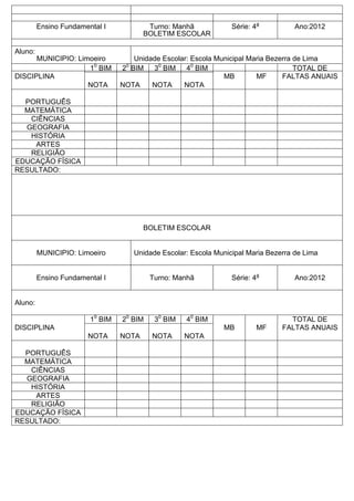 Ensino Fundamental I Turno: Manhã Série: 4a
Ano:2012
Aluno:
DISCIPLINA
10
BIM 20
BIM 30
BIM 40
BIM
MB MF
TOTAL DE
FALTAS ANUAIS
NOTA NOTA NOTA NOTA
PORTUGUÊS
MATEMÁTICA
CIÊNCIAS
GEOGRAFIA
HISTÓRIA
ARTES
RELIGIÃO
EDUCAÇÃO FÍSICA
RESULTADO:
BOLETIM ESCOLAR
MUNICIPIO: Limoeiro Unidade Escolar: Escola Municipal Maria Bezerra de Lima
Ensino Fundamental I Turno: Manhã Série: 4a
Ano:2012
Aluno:
DISCIPLINA
10
BIM 20
BIM 30
BIM 40
BIM
MB MF
TOTAL DE
FALTAS ANUAIS
NOTA NOTA NOTA NOTA
PORTUGUÊS
MATEMÁTICA
CIÊNCIAS
GEOGRAFIA
HISTÓRIA
ARTES
RELIGIÃO
EDUCAÇÃO FÍSICA
RESULTADO:
BOLETIM ESCOLAR
MUNICIPIO: Limoeiro Unidade Escolar: Escola Municipal Maria Bezerra de Lima
 