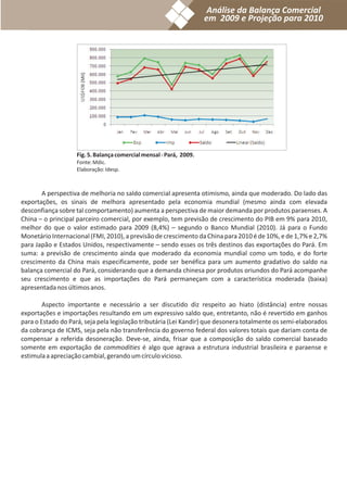 Análise da Balança Comercial
                                                                     em 2009 e Projeção para 2010




                    Fig. 5. Balança comercial mensal - Pará, 2009.
                    Fonte: Mdic.
                    Elaboração: Idesp.



       A perspectiva de melhoria no saldo comercial apresenta otimismo, ainda que moderado. Do lado das
exportações, os sinais de melhora apresentado pela economia mundial (mesmo ainda com elevada
desconfiança sobre tal comportamento) aumenta a perspectiva de maior demanda por produtos paraenses. A
China – o principal parceiro comercial, por exemplo, tem previsão de crescimento do PIB em 9% para 2010,
melhor do que o valor estimado para 2009 (8,4%) – segundo o Banco Mundial (2010). Já para o Fundo
Monetário Internacional (FMI, 2010), a previsão de crescimento da China para 2010 é de 10%, e de 1,7% e 2,7%
para Japão e Estados Unidos, respectivamente – sendo esses os três destinos das exportações do Pará. Em
suma: a previsão de crescimento ainda que moderado da economia mundial como um todo, e do forte
crescimento da China mais especificamente, pode ser benéfica para um aumento gradativo do saldo na
balança comercial do Pará, considerando que a demanda chinesa por produtos oriundos do Pará acompanhe
seu crescimento e que as importações do Pará permaneçam com a característica moderada (baixa)
apresentada nos últimos anos.

        Aspecto importante e necessário a ser discutido diz respeito ao hiato (distância) entre nossas
exportações e importações resultando em um expressivo saldo que, entretanto, não é revertido em ganhos
para o Estado do Pará, seja pela legislação tributária (Lei Kandir) que desonera totalmente os semi-elaborados
da cobrança de ICMS, seja pela não transferência do governo federal dos valores totais que dariam conta de
compensar a referida desoneração. Deve-se, ainda, frisar que a composição do saldo comercial baseado
somente em exportação de commodities é algo que agrava a estrutura industrial brasileira e paraense e
estimula a apreciação cambial, gerando um círculo vicioso.
 