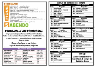 ADMOESTAR = aconselhar, advertir
CHOCARRICE = gracejo atrevido
DEFRAUDAR = valer-se de fraude para contrariar a lei
FRAUDE = todo artificio usado para enganar
PROMISCUIDADE = mistura confusa e desordenada de seres no
mesmo ambiente
REGOZIJAR = encher de alegria
TOLHER = proibir, vedar, coibir
TORPEZA = qualidade de torpe, obsceno, indecente
INGRATO = aquele que não agradece, aquele que não reconhece os
favores recebidos
MAL AGRADECIDO = aquele que agradece mal
PROGRAMA A VOZ PENTECOSTAL
Um programa da Igreja Pentecostal Assembleia de Deus
Todos os dias na Rádio Maranata FM 103.9 - das 22 às 23horas.
A IPAD/PRAZERES é responsável pelos programas das
Quartas-feiras.
Ouça, divulgue e participe.
Seja um patrocinador deste programa.
**********************************************************************************************
TELEFONES ÚTEIS
Polícia Militar 190 Delegacia da Mulher 3184-3352
Polícia Civil 197 DETRAN 3184-8000
Bombeiros 193 Hemope 0800811535
Consertos de Tel. 103 Metrô 2102-8500
Aeroporto 3322-4188 Passaporte (PF) 3464-4949
Água e esgoto 0800810195 PROCON 08002811311
Correios 3425-3856 SAMU 192
Defesa Civil 199 Policia Federal 194
Policia Rodoviária 191 Direitos Humanos 100
ESCALA DO CÍRCULO DE ORAÇÃO
SEDE JARDIM MURIBECA
Data Pregador Data Pregador
01 VERÔNICA 02 AMARO JERÔNIMO
08 AUX. JOSAFÁ MENDES 09 ISABEL CRISTINA
15 DEYSEMAR 16 MICHELE
22 PB. EVÂNIO 23 VALDENICE
29 DIÁC. CARLOS
NOVA ROMA MACAIBA
Data Pregador Data Pregador
07 DIÁC. BENEDITO 03 DIÁC. ONÉSIO
14 EVÓDIA 10 BRENO LONHARES
21 DIÁC. AMARO MANOEL 17 ELIÚDE
28 BETÂNIA 24 MARIA LÚCIA
JORDÃO JARDIM DO NAÚTICO
Data Pregador Data Pregador
02 DIÁC. AÉCIO DIOGO 02 SOCORRO SOUZA
09 LIA 09 LIA
16 DORINHA 16 DORINHA
23 DIÁC. CARMÉLIO 23 VALDENICE
DOIS RIOS NOVA DESCOBERTA
Data Pregador Data Pregador
06 TELMA 06 MATEUS
13 DIÁC. ONÉSIO 13 EDINALVA MARGARIDA
20 ANA CARLA 20 SOLANGE
27 DIÁC. AÉCIO DIOGO 27 AGUINAELZA
PIO XII
Data Pregador
2012
Ano de Crescimento
Espiritual. É tempo de
Buscar a Deus.
02 LOURDINHA
09 MICHELE
16 IRIS
23 ANTEVALDO
 