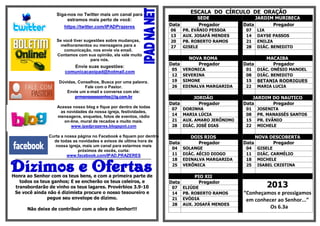 Siga-nos no Twitter mais um canal para
                                                                                                          ESCALA DO CÍRCULO DE ORAÇÃO
                                 estramos mais perto de você:                                               SEDE                  JARDIM MURIBECA
                                  https://twitter.com/IPADPrazeres                              Data        Pregador         Data       Pregador
                                                                                                06     PR. EVÂNIO PESSOA      07    LIA
                                                                                                13     AUX. JOSAFÁ MENDES     14    DAYSE PASSOS
                            Se você tiver sugestões sobre mudanças,                             20     PB. ROBERTO RAMOS      21    ENILZA
                              melhoramentos ou mensagens para a                                 27     GISELE                 28    DIÁC. BENEDITO
                                comunicação, nos envie via email.
                            Contamos com sua opinião, ela vale muito
                                             para nós.                                                   NOVA ROMA                     MACAIBA
                                                                                                Data        Pregador         Data        Pregador
                                     Envie suas sugestões:
                                                                                                 05    VERONICA               01    DIÁC. ONÉSIO MANOEL
                                  comunicacaoipad@hotmail.com
                                                                                                 12    SEVERINA               08    DIÁC. BENEDITO
                              Dúvidas, Conselhos, Busca por uma palavra.                         19    SIMONE                 15    BETANIA RODRIGUES
                                          Fale com o Pastor.                                     26    EDINALVA MARGARIDA     22    MARIA LUCIA
                                 Envie um e-mail e converse com ele:
                                     prmanassessantos@ig.com.br                                            JORDÃO                JARDIM DO NAUTICO
                                                                                                Data         Pregador        Data       Pregador
                             Acesse nosso blog e fique por dentro de todas                       07    DORINHA                01    JOSENITA
                              as novidades da nossa igreja, festividades,
                             mensagens, enquetes, fotos de eventos, rádio                        14    MARIA LÚCIA            08    PR. MANASSÉS SANTOS
                                on-line, mural de recados e muito mais.                          21    AUX. AMARO JERÔNIMO    15    PR. EVÂNIO
                                   www.ipadprazeres.blogspot.com                                 28    DIÁC. JOSÉ DIAS        22    MICHELE

                       Curta a nossa página no Facebook e fiquem por dentro                               DOIS RIOS               NOVA DESCOBERTA
                         de todas as novidades e avisos de ultima hora de                       Data        Pregador         Data       Pregador
                          nossa igreja, mais um canal para estarmos mais
                                                                                                 04    SOLANGE                04    GISELE
                                     próximos de vocês, curta:
                                www.facebook.com/IPAD.PRAZERES                                   11    DIÁC. AÉCIO DIOGO      11    DIÁC. CARMÉLIO
 ********************************************************************************************    18    EDINALVA MARGARIDA     18    MICHELE
                                                                                                 25    VERÕNICA               25    ISABEL CRISTINA

Honra ao Senhor com os teus bens, e com a primeira parte de                                                PIO XII
   todos os teus ganhos; E se encherão os teus celeiros, e
 transbordarão de vinho os teus lagares. Provérbios 3.9-10
                                                                                                Data
                                                                                                 07    ELIÚDE
                                                                                                             Pregador
                                                                                                                                       2013
 Se você ainda não é dizimista procure o nosso tesoureiro e                                      14    PB. ROBERTO RAMOS     “Conheçamos e prossigamos
               pegue seu envelope de dízimo.                                                     21    EVÓDIA                 em conhecer ao Senhor...”
                                                                                                 28    AUX. JOSAFÁ MENDES
         Não deixe de contribuir com a obra do Senhor!!!                                                                              Os 6.3a
 