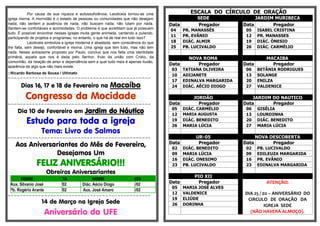 Por causa de sua riqueza e autossuficiência, Laodiceia tornou-se uma
igreja morna. A mornidão é o estado de pessoas ou comunidades que não desejam
nada, não sentem a ausência de nada, não buscam nada, não lutam por nada.
Sentem-se confortáveis e acomodadas. O problema é que acreditam que já possuem
tudo. É possível encontrar nessas igrejas muita gente animada, cantando e pulando,
participando de projetos e programas; no entanto, o que há de real em tudo isso?
Laodiceia simboliza a igreja moderna e abastada, sem consciência do que
lhe falta, sem desejo, confortável e morna. Uma igreja que tem tudo, mas não tem
nada. Nesse autoexame proposto por Paulo, concluo que nos falta uma identidade
primária, aquela que nos é dada pelo Senhor, fruto da união com Cristo, da
comunhão, da relação de amor e dependência sem a qual tudo mais é apenas ilusão,
aparência de algo que não mais existe.
::Ricardo Barbosa de Sousa / Ultimato
=-=-=-=-=-=-=-=-=-=-=-=-=-=-=-=-=-=-=-=-=-=-=-=-=-=-=-=-=-=-=-=-=-=-=-=-=-=-=-=-=-=-=-=-=-=-=
Dias 16, 17 e 18 de Fevereiro na Macaíba
Congresso da Mocidade
=-=-=-=-=-=-=-=-=-=-=-=-=-=-=-=-=-=-=-=-=-=-=-=-=-=-=-=-=-=-=-=-=-=-=-=-=-=-=-=-=-=-=-=-=-=-=
Dia 10 de Fevereiro em Jardim do Náutico
Estudo para toda a igreja
Tema: Livro de Salmos
=-=-=-=-=-=-=-=-=-=-=-=-=-=-=-=-=-=-=-=-=-=-=-=-=-=-=-=-=-=-=-=-=-=-=-=-=-=-=-=-=-=-=-=-=-=-=
Aos Aniversariantes do Mês de Fevereiro,
Desejamos Um
FELIZ ANIVERSÁRIO!!!
Obreiros Aniversariantes
NOME DATA NOME DATA
Aux. Silvanio José 05/02 Diác. Aécio Diogo 21/02
Pb. Rogério Arante 14/02 Aux. José Amaro 23/02
=-=-=-=-=-=-=-=-=-=-=-=-=-=-=-=-=-=-=-=-=-=-=-=-=-=-=-=-=-=-=-=-=-=-=-=-=-=-=-=-=-=-=-=-=-=-=
14 de Março na Igreja Sede
Aniversário da UFE
ESCALA DO CÍRCULO DE ORAÇÃO
SEDE JARDIM MURIBECA
Data Pregador Data Pregador
04 PR. MANASSÉS 05 ISABEL CRISTINA
11 PR. EVÂNIO 12 PR. MANASSES
18 DIÁC. ALMIR 19 DIÁC. ÓNESIO
25 PB. LUCIVALDO 26 DIÁC. CARMÉLIO
NOVA ROMA MACAIBA
Data Pregador Data Pregador
03 TATIANA OLIVEIRA 06 BETÂNIA RODRIGUES
10 ADIJANETE 13 SOLANGE
17 EDINALVA MARGARIDA 20 ENILZA
24 DIÁC. AÉCIO DIOGO 27 VALDENICE
JORDÃO JARDIM DO NAUTICO
Data Pregador Data Pregador
05 DIÁC. CARMÉLIO 06 GISÉLIA
12 MARIA AUGUSTA 13 LOURDINHA
19 DIÁC. BENEDITO 20 DIÁC. BENEDITO
26 MARIA LÚCIA 27 MARIA LÚCIA
UR-05 NOVA DESCOBERTA
Data Pregador Data Pregador
02 DIÁC. BENEDITO 02 PB. LUCIVALDO
09 MARIA LÚCIA 09 EDILEUZA MARGARIDA
16 DIÁC. ONESIMO 16 PR. EVÂNIO
23 PB. LUCIVALDO 23 EDINALVA MARGARIDA
PIO XII
Data Pregador ATENÇÃO:
DIA 25 / 02 – ANIVERSÁRIO DO
CIRCULO DE ORAÇÃO DA
IGREJA SEDE
(NÃO HAVERÁ ALMOÇO).
05 MARIA JOSÉ ALVES
12 VALDENICE
19 ELIÚDE
26 DORINHA
 