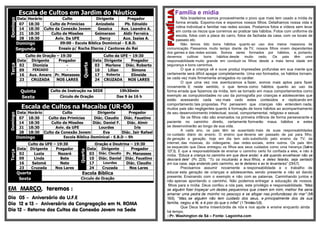 Escala de Cultos em Jardim do NáuticoDomingo
Data Horário Culto Dirigente Pregador
07 18:30 Culto de Primícias Anizabela Pb. Ednaldo
14 18:30 Culto da Conexão Jovem Gessica Aux. Leandro A.
21 18:30 Culto de Missões Geimerson Aldir Ferreira
28 18:30 Aviv. Da UFE Dercy Aux. Isaias A.
Domingo 09:00 - Escola Bíblica Dominical - E.B.D.
Segunda Ensaio p/ Rocha Eterna / Cantores do Rei
Terça
Culto de Oração – 19:30
Quarta
Culto da UFE – 19:30
Data Dirigente Pregador Data Dirigente Pregador
02 Dionizia - 03 Marlene Diác. Roberto
09 FERIADO - 10 Lilian Simone
16 Aux. Amaro Pr. Manasses 17 Roberta Elineide
23 CRUZADA NOS LARES 24 CRUZADA NOS LARES
Quinta Culto de Instrução na SEDE 19h30min
Sexta Círculo de Oração Das 9 às 16 h
Escala de Cultos na Macaíba (UR-06)
Domingo
Data Horário Culto Dirigente Pregador
07 18:30 Culto das Primícias Diác. Claudio Diác. Faustino
14 18:30 Culto de Missões Diác. Daniel F. Diác. Almir
21 18:30 Aviv. da UFE Lourdes Iris
28 18:30 Culto da Conexão Jovem Eva Diác. Jair Rafael
Domingo Escola Bíblica Dominical - E.B.D – 9h
Terça
Culto da UFE – 19:30
Quarta
Oração e Doutrina – 19:30
Data Dirigente Pregador Data Dirigente Pregador
02 Luzia Nazaré 03 Diác. Claudio Pr. Manasses
09 Linda Bete 10 Diác. Daniel Diác. Faustino
16 Salomé Nete 17 Lourdes Diác. Claudio
23 Cruzada Nos Lares 24 Cruzada Nos Lares
Quarta Escola Bíblica
Sexta Circulo de Oração
EM MARÇO, teremos :
Dia 05 – Aniversário da U.F.E
Dia 12 e 13 – Aniversário da Congregação em N. ROMA
Dia 12 – Retorno dos Cultos da Conexão Jovem na Sede
Família e mídia
Nós brasileiros somos provavelmente o povo que mais tem usado a mídia de
forma errada. Expomo-nos e expomos nossos filhos. Detalhamos nossa vida e
rotina individual e familiar nas redes sociais. Postamos fotos e vídeos sem levar
em conta os riscos que corremos ao praticar tais hábitos. Fotos com uniforme da
escola, fotos com a placa do carro, fotos da fachada da casa, com os locais de
passeio etc.
Não temos tido bons hábitos quanto ao uso dos meios massivos de
comunicação. Passamos muito tempo diante da TV, nossos filhos vivem dependentes
dos games e das redes sociais. Somos seres formados por hábitos, e, portanto,
devemos cultivar bons hábitos desde muito cedo. Os pais têm uma
responsabilidade muito grande em conduzir os filhos desde a mais tenra idade em
segurança e bons caminhos.
O que a criança vê e ouve produz impressões profundas em sua mente que
certamente será difícil apagar completamente. Uma vez formados, os hábitos tornam-
se cada vez mais firmemente arraigados no caráter.
O que uma vez nos aventuramos a fazer, somos mais aptos para fazer
novamente. E neste sentido, o que temos como hábitos quanto ao uso da
forma errada que fazemos da mídia, tem se tornado em maus comportamentos como
exemplo as compulsividades no uso da pornografia por crianças e adolescentes que
estão acessando cada vez mais cedo estes conteúdos e replicando em
comportamento tais propostas. Por pensarem que crianças não entendem nada,
muitos pais são negligentes quanto à formação de bons hábitos ao acompanhamento
de seu desenvolvimento intelectual, social, comportamental, religioso e sexual.
Se os filhos não são ensinados na primeira infância de forma perseverante e
paciente no caminho direito, certamente formarão maus hábitos e estes
se desenvolverão ao longo de sua vida.
A cada ano, os pais têm se ausentado mais de suas responsabilidades
no cuidado diário do ensino. O ensino que deveria ser passado de pai para filho,
de geração a geração, hoje em dia tem sido substituído pelo ensino da TV, da
internet, das músicas, do videogame, das redes sociais, entre outros. Os pais têm
se esquecido que Deus entregou os filhos aos seus cuidados como uma herança (Salmo
127.3). E que a responsabilidade de ensinar o caminho certo foi confiada a eles, e não à
mídia. “Educa a criança no caminho em que deve andar; e até quando envelhecer não se
desviará dele” (Pv. 22.6). “Tu os inculcarás a teus filhos, e deles falarás, seja sentado
em tua casa, seja andando pelo caminho, ao te deitares e ao te levantares” (Dt6.7).
Precisamos assumir novamente a responsabilidade e o trabalho de
educar esta geração de crianças e adolescentes, sendo presente e não só dando
presente. Ensinando com o exemplo e não com as palavras. Caminhando juntos e
não apenas apontando o caminho. Não podemos entregar a educação de nossos,
filhos para a mídia. Deus confiou a nós pais, este privilégio e responsabilidade. “Mas
se alguém fizer tropeçar um destes pequeninos que creem em mim, melhor lhe seria
amarrar uma pedra de moinho no pescoço e se afogar nas profundezas do mar” (Mt
18.6). “Mas, se alguém não tem cuidado dos seus, e principalmente dos da sua
família, negou a fé, e é pior do que o infiel” (1Timóteo5.8).
Que Deus tenha misericórdia de nós e nos ajude e ensine enquanto ainda
há tempo.
::Pr. Washington de Sá – Fonte: Lagoinha.com
 