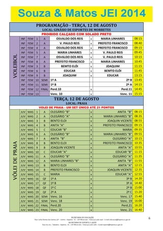 SECRETARIA DE EDUCAÇÃO
Rua: Carlos Romeu dos Santos, s/nº – Centro – Itapema – SC – CEP 88220-000 – Fone (47) 3267.1400 – E-mail: educacao@itapema.sc.gov.br
SECRETARIA DE ESPORTE E LAZER
Rua: 622, 63 – Tabuleiro – Itapema – SC – CEP 88220-000 – Fone (47) 3267.1580 – E-mail: esporte@itapema.sc.gov.br
6
PROGRAMAÇÃO - TERÇA, 12 DE AGOSTO
LOCAL: GINÁSIO DE ESPORTES DE MORRETES
PROIBIDO CALÇADO COM SOLADO PRETO
VOLEIBOL
INF FEM 1 A OSVALDO DOS REIS x MARIA LINHARES 08:15
INF FEM 2 A V. PAULO REIS x PREFEITO FRANCISCO 08:40
INF FEM 4 A OSVALDO DOS REIS x PREFEITO FRANCISCO 09:15
INF FEM 5 A MARIA LINHARES x V. PAULO REIS 09:45
INF FEM 7 A OSVALDO DOS REIS x V. PAULO REIS 10:15
INF FEM 8 A PREFEITO FRANCISCO x MARIA LINHARES 10:45
INF FEM 3 B BEMTO ELÓI x JOAQUIM 11:15
INF FEM 6 B EDUCAR x BEMTO ELÓI 11:45
INF FEM 9 B JOAQUIM x EDUCAR 13:15
INF FEM 10 SEMI 1º A 2º B 13:45
INF FEM 11 SEMI 1º B 2º A 14:15
INF FEM 12 FINAL Perd.10 x Perd.11 14:45
INF FEM 13 Venc. 10 x Venc. 11 15:15
TERÇA, 12 DE AGOSTO
LOCAL: PRAIA
VOLEI DE PRAIA - UM SET ÚNICO ATÉ 21 PONTOS
VÔLEIDEPRAIA
JUV MAS 1 A OLEGÁRIO "B" x ANITA "B" 08:15
JUV MAS 2 A OLEGÁRIO "A" x MARIA LINHARES "B" 08:35
JUV MAS 3 B BENTO ELOI x JOAQUIN VICENTE 08:55
JUV MAS 4 B ANITA "A" x PREFEITO FRANCISCO 09:15
JUV MAS 5 C EDUCAR "B" x MARIA 09:35
JUV MAS 6 A OLEGÁRIO "B" x MARIA LINHARES "B" 09:55
JUV MAS 7 A ANITA "B" x OLEGÁRIO "A" 10:15
JUV MAS 8 B BENTO ELOI x PREFEITO FRANCISCO 10:35
JUV MAS 9 B JOAQUIN VICENTE x ANITA "A" 10:55
JUV MAS 10 C EDUCAR "A" x EDUCAR "B" 11:15
JUV MAS 11 A OLEGÁRIO "B" x OLEGÁRIO "A" 11:35
JUV MAS 12 A MARIA LINHARES "B" x ANITA "B" 11:55
JUV MAS 13 B BENTO ELOI x ANITA "A" 12:15
JUV MAS 14 B PREFEITO FRANCISCO x JOAQUIN VICENTE 12:35
JUV MAS 15 C MARIA x EDUCAR "A" 12:55
JUV MAS 16 QF 1º A x 3º B 14:20
JUV MAS 17 QF 1º B x 3º A 14:40
JUV MAS 18 QF 1º C x 2º B 15:00
JUV MAS 19 QF 2º A x 2º C 15:20
JUV MAS 20 SEMI Venc. 16 x Venc. 17 15:40
JUV MAS 21 SEMI Venc. 18 x Venc. 19 16:00
JUV MAS 22 FINAL Perd.20 x Perd.21 16:20
JUV MAS 23 FINAL Venc. 20 x Venc. 21 16:40
 