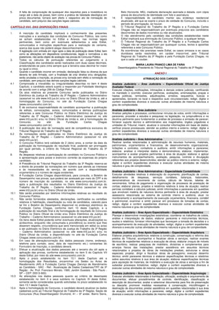 11
5. A falta de comprovação de quaisquer dos requisitos para a investidura no
cargo até a data da posse, bem como a prática de falsidade ideológica em
prova documental, tornará sem efeito o respectivo ato de nomeação do
candidato, sem prejuízo das sanções legais cabíveis.
CAPÍTULO XVI. DAS DISPOSIÇÕES FINAIS
1. A inscrição do candidato implicará o conhecimento das presentes
instruções e a aceitação das condições do Concurso Público, tais como
se acham estabelecidas no Edital e Anexos, nas normas legais
pertinentes, bem como em eventuais aditamentos a este Edital,
comunicados e instruções específicas para a realização do certame,
acerca das quais não poderá alegar desconhecimento.
2. A legislação com entrada em vigor após a data de publicação deste Edital, bem
como as alterações em dispositivos constitucionais, legais e normativos a ela
posteriores, não serão objeto de avaliação nas provas do Concurso Público.
3. Todos os cálculos de pontuação referentes ao Julgamento e à
Classificação dos candidatos serão realizados com duas casas decimais,
arredondando-se para cima sempre que a terceira casa decimal for maior
ou igual a cinco.
4. Quando o candidato incorrer em omissão, declaração falsa ou diversa da que
deveria ter sido firmada, com a finalidade de criar direitos e/ou obrigações,
serão anuladas a inscrição, as provas e/ou tornada sem efeito a nomeação do
candidato, sem prejuízo das demais sanções legais cabíveis.
4.1 Comprovada a inexatidão ou irregularidades descritas no item 4 deste
Capítulo, o candidato estará sujeito a responder por Falsidade Ideológica
de acordo com o artigo 299 do Código Penal.
5. Os atos relativos ao presente Concurso serão publicados no Diário
Eletrônico da Justiça do Trabalho da 3ª Região – Caderno Administrativo
(acessível no site www.trt3.jus.br) e/ou no Diário Oficial da União e, até a
homologação do Concurso, no site da Fundação Carlos Chagas
(www.concursosfcc.com.br).
6. É de exclusiva responsabilidade do candidato acompanhar a publicação
de editais, convocações, avisos, comunicados e demais publicações
referentes a este Concurso Público no Diário Eletrônico da Justiça do
Trabalho da 3ª Região – Caderno Administrativo (acessível no site
www.trt3.jus.br) e/ou no Diário Oficial da União e, até a homologação do
Concurso, no site da Fundação Carlos Chagas
(www.concursosfcc.com.br).
6.1 A publicação dos atos de nomeação será de competência exclusiva do
Tribunal Regional do Trabalho da 3ª Região.
6.2 As nomeações serão publicadas no Diário Eletrônico da Justiça do
Trabalho da 3ª Região – Caderno Administrativo (acessível no site
www.trt3.jus.br).
7. O Concurso Público terá validade de 2 (dois) anos, a contar da data da
publicação da homologação do resultado final, podendo ser prorrogado
por igual período, a critério do Tribunal Regional do Trabalho da 3ª
Região.
8. As despesas relativas à participação do candidato no Concurso Público e
à apresentação para posse e exercício correrão às expensas do próprio
candidato.
9. A Presidência do Tribunal Regional do Trabalho da 3ª Região reserva-se
o direito de proceder às nomeações em número que atenda ao interesse
e às necessidades do serviço, de acordo com a disponibilidade
orçamentária e o número de vagas existentes.
10. A Fundação Carlos Chagas disponibilizará, para consulta, o Boletim de
Desempenho nas provas, que poderá ser acessado por meio do CPF e do
número de inscrição do candidato, no site www.concursosfcc.com.br,
após a publicação dos resultados no Diário Eletrônico da Justiça do
Trabalho da 3ª Região – Caderno Administrativo (acessível no site
www.trt3.jus.br) e/ou no Diário Oficial da União.
10.1 Não serão prestadas por telefone informações relativas ao resultado do
Concurso Público.
11. Não serão fornecidos atestados, declarações, certificados ou certidões
relativos à habilitação, classificação ou nota de candidatos, valendo para
tal fim o Boletim de Desempenho disponível no endereço eletrônico da
Fundação Carlos Chagas, conforme item 10 deste Capítulo, e a
publicação do resultado final e da homologação do resultado do Concurso
Público no Diário Oficial da União e/ou Diário Eletrônico da Justiça do
Trabalho – Caderno Administrativo (acessível no site www.trt3.jus.br)
12. Os itens deste Edital poderão sofrer eventuais alterações, atualizações ou
acréscimos, enquanto não consumada a providência ou evento que lhes
disserem respeito, circunstância que será mencionada em edital ou aviso
a ser publicado no Diário Eletrônico da Justiça do Trabalho da 3ª Região
– Caderno Administrativo (acessível no site www.trt3.jus.br) e/ou no
Diário Oficial da União, e disponibilizado no site da Fundação Carlos
Chagas (www.concursosfcc.com.br).
13. Em caso de alteração/correção dos dados pessoais (nome, endereço,
telefone para contato, sexo, data de nascimento etc.) constantes do
Formulário de Inscrição, o candidato deverá:
13.1 Efetuar a atualização dos dados pessoais até o terceiro dia útil após a
aplicação das provas, conforme estabelecido no item 5 do Capítulo VII
deste Edital, por meio do site www.concursosfcc.com.br.
13.2 Após o prazo estabelecido no item 13.1 deste Capítulo até a
homologação dos Resultados, encaminhar via Sedex ou Aviso de
Recebimento (AR) à Fundação Carlos Chagas (Serviço de Atendimento
ao Candidato - SAC - Ref.: Atualização de Dados Cadastrais/TRT da 3ª
Região - Av. Prof. Francisco Morato, 1565, Jardim Guedala - São Paulo -
SP – CEP: 05513-900).
13.3 As alterações nos dados pessoais quanto ao critério de desempate
estabelecido no item 3 e seus subitens no Capítulo XI deste Edital,
somente serão consideradas quando solicitadas no prazo estabelecido no
item 13.1 deste Capítulo.
13.4 Após a homologação do Concurso, o candidato deverá atualizar os dados
cadastrais junto ao Tribunal Regional do Trabalho da 3ª Região, Seção de
Concursos (Rua Desembargador Drumond, 41 – 6º andar, Bairro Serra,
Belo Horizonte, MG), mediante declaração assinada e datada, com cópia
anexa de documento de identidade com foto e assinatura.
14. É responsabilidade do candidato manter seu endereço residencial
atualizado, até que se expire o prazo de validade do Concurso, incluído o
período de prorrogação, se houver.
15. O Tribunal Regional do Trabalho da 3ª Região e a Fundação Carlos
Chagas não se responsabilizam por eventuais prejuízos aos candidatos
decorrentes de dados incorretos ou não atualizados.
16. O não atendimento pelo candidato das condições estabelecidas neste
Edital implicará sua eliminação do Concurso Público, a qualquer tempo.
17. O Tribunal Regional do Trabalho da 3ª Região e a Fundação Carlos
Chagas não se responsabilizam por quaisquer cursos, textos e apostilas
referentes a este Concurso Público.
18. As ocorrências não previstas neste Edital, os casos omissos e os casos
duvidosos serão resolvidos, em caráter irrecorrível, pelo Tribunal
Regional do Trabalho da 3ª Região e pela Fundação Carlos Chagas, no
que a cada um couber.
MARIA LAURA FRANCO LIMA DE FARIA
Desembargadora Presidente do Tribunal Regional do Trabalho da 3ª Região
ANEXO I
ATRIBUIÇÃO DOS CARGOS
Analista Judiciário – Área Judiciária – Especialidade Oficial de Justiça
Avaliador Federal
Executar citações, notificações, intimações e demais ordens judiciais, certificando
no mandado o ocorrido; executar penhoras, avaliações, arrematações, praças e
hastas públicas, remissões, adjudicações, arrestos, sequestros, buscas e
apreensões, lavrando no local o respectivo auto circunstanciado; redigir, digitar e
conferir expedientes diversos e executar outras atividades de mesma natureza e
grau de complexidade.
Analista Judiciário – Área Judiciária
Analisar petições e processos, confeccionar minutas de votos, emitir informações e
pareceres; proceder a estudos e pesquisas na legislação, na jurisprudência e na
doutrina pertinente para fundamentar a análise de processo e emissão de parecer;
fornecer suporte técnico e administrativo aos magistrados, órgãos julgadores e
unidades do Tribunal; inserir, atualizar e consultar informações em base de dados;
verificar prazos processuais; atender ao público interno e externo; redigir, digitar e
conferir expedientes diversos e executar outras atividades de mesma natureza e
grau de complexidade.
Analista Judiciário – Área Administrativa
Realizar tarefas relacionadas à administração de recursos humanos, materiais,
patrimoniais, orçamentários e financeiros, de desenvolvimento organizacional,
licitações e contratos, contadoria e auditoria; emitir informações e pareceres;
elaborar, analisar e interpretar dados e demonstrativos; elaborar, implementar,
acompanhar e avaliar projetos pertinentes à área de atuação; elaborar e aplicar
instrumentos de acompanhamento, avaliação, pesquisa, controle e divulgação
referentes aos projetos desenvolvidos; atender ao público interno e externo; redigir,
digitar e conferir expedientes diversos e executar outras atividades de mesma
natureza e grau de complexidade.
Analista Judiciário – Área Administrativa – Especialidade Contabilidade
Executar atividades relativas à elaboração do orçamento, planificação de contas,
detalhamento de despesas, serviços contábeis, balanços, balancetes,
demonstrativos de movimento de contas, cálculo de faturas, tabelas de
vencimentos, folhas de pagamento e organização de processos de prestação de
contas; elaborar planos, projetos e relatórios relativos à área de atuação; realizar
perícias contábeis e cálculos judiciais; emitir informações e pareceres em questões
que envolvam matéria de natureza técnica pertinente à área de atuação; prestar
assessoria relacionada ao sistema de controle interno e auditoria; atuar no
monitoramento e acompanhamento da execução orçamentária, financeira, contábil
e patrimonial; examinar e emitir parecer em processos de tomadas de contas;
redigir, digitar e conferir expedientes diversos e executar outras atividades de
mesma natureza e grau de complexidade.
Analista Judiciário – Área Apoio Especializado – Especialidade Estatística
Planejar e desenvolver investigações estatísticas; coordenar os trabalhos de coleta,
análise e interpretação de dados; elaborar pareceres e instrumentais técnicos,
laudos e relatórios; fornecer informações que favoreçam a tomada de decisões e o
acompanhamento da execução de atividades; redigir, digitar e conferir expedientes
diversos e executar outras atividades de mesma natureza e grau de complexidade.
Analista Judiciário – Área Apoio Especializado – Especialidade Arquitetura
Elaborar projetos arquitetônicos relativos à construção, conservação e reforma dos
prédios do Tribunal; acompanhar e fiscalizar obras e serviços; realizar exames
técnicos de expedientes relativos a execução de obras; elaborar croquis de móveis
de escritório; realizar pesquisas de mobiliário, divisórias e complementos para
arranjos físicos das instalações; prestar assistência em assuntos técnicos
relacionados a projetos de obras de instalações prediais, estruturas e obras
especiais; projetar, dirigir e fiscalizar obras de paisagismo; executar desenho
técnico; emitir pareceres técnicos e elaborar especificações técnicas e relatórios
sobre assuntos relativos à sua área de atuação; elaborar especificações técnicas
para aquisição de materiais, de mobiliário e execução de obras e serviços a fim de
subsidiar processos licitatórios; redigir, digitar e conferir expedientes diversos e
executar outras atividades de mesma natureza e grau de complexidade.
Analista Judiciário – Área Apoio Especializado – Especialidade Arquivologia
Executar atividades relacionadas à tramitação, utilização, avaliação e arquivamento de
documentos; efetuar procedimentos de controle, identificação, classificação e
descrição de documentos; avaliar e selecionar documentos para fins de preservação
ou descarte; promover medidas necessárias à conservação, microfilmagem e
destinação de documentos; prestar assistência em questões relacionadas à sua área
de atuação; emitir informações e pareceres; redigir, digitar e conferir expedientes
diversos e executar outras atividades de mesma natureza e grau de complexidade.
 