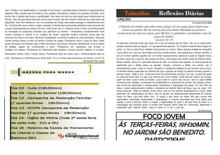 sutil. O diabo é um estelionatário e o pecado é uma fraude. O pecado parece inofensivo e aparentemente
apetitoso. Mas, aqueles que se rendem a ele, acabam prisioneiros e atados com grossas correntes. Uma
família feliz é aquela que busca a santificação. Que lança fora de sua casa aquilo que é abominável ao
Senhor. Que não põe diante dos seus olhos coisa imunda. Que não introduz dentro de sua casa bens mal
adquiridos. Que não transforma o lar num ambiente de intriga, discussões amargas e maledicências sem
fim. A família feliz ama a Deus e odeia o pecado. A família bem-aventurada abandona toda forma de mal
e busca ansiosamente as coisas lá do alto, onde Cristo vive. 3. Podemos servir a Deus na família através
da renovação de propósitos elevados que glorificam ao Senhor – Precisamos constantemente rever
nossos conceitos e valores e ter coragem de mudar, buscando sempre re-alinhar nossa vida aos
princípios da Palavra de Deus. Devemos restabelecer na família a prática do culto doméstico. Devemos
manter sempre acesa no altar da família a chama da oração. Precisamos amar a Casa de Deus, tendo
prazer de buscar em primeiro lugar o Reino de Deus e sua justiça. Devemos restabelecer no lar a prática
do diálogo regado de compreensão e amor. Precisamos ser cautelosos nas críticas e,
pródigos nos elogios. Precisamos ter disposição para perdoar e jamais guardar mágoas no coração.
Precisamos investir mais e cobrar menos. Precisamos fazer da nossa casa o melhorambiente para se
viver. Precisamos, à semelhança de Josué dizer: “Eu e a minha casa serviremos ao Senhor” (Js 24.15)
Hernandes Dias Lopes

Talmidim
1288

254

Reflexões Diárias

UNÇÃO
TAMIDIM 008

O Espírito do Senhor está sobre mim, porque ele me ungiu para pregar boasnovas aos pobres. Ele me enviou para proclamar liberdade aos presos e
recuperação da vista aos cegos, para libertar os oprimidos e proclamar o ano da
graça do Senhor.
Lucas 4.18-19
As pessoas costumam dizer que Jesus fez o que fez porque ele era Deus. "Ah, se eu fosse Deus,
também andaria sobre as águas”, é o que geralmente pensam. "Eu também transformaria a água em
vinho", ou "Se eu fosse Deus, também ressuscitaria os mortos". Mas a grande verdade do evangelho
é que Jesus fez o que fez não porque era Deus, embora fosse, mas porque era o homem perfeito, e

847

ser um homem perfeito significa ser um homem absolutamente submisso à ação do Espírito Santo
de Deus. Jesus fez o que fez não porque era Deus, mas porque era homem cheio do Espírito Santo.
Nesse sentido, Jesus foi o que Adão deveria ter sido: um homem sem pecado, no mais profundo do
significado que a Bíblia atribui ao pecado. Pecado, conforme a Bíblia nos ensina, não é

939

390

simplesmente roubar, matar ou mentir. Pecado é o estado de rebeldia do ser humano contra Deus.
A narrativa bíblica registrada em Gênesis diz que o pecado se instala na história humana quando o
primeiro casal - Adão e Eva - come da árvore do conhecimento do bem e do mal. "A partir de agora
eu cuido da minha vida" é o que o ser humano diz a seu Criador. "Você não tem nada a ver comigo,
quem vai dizer o que é certo ou errado, o que é bem e o que é mal, sou eu." Isso é o que a Bíblia
conceitua como pecado: a pretensão de independência e autonomia do homem em relação a Deus.
Isso enche de significado e imprescindível importância a declaração de Jesus: "Eu sou Filho de
Deus, e estou absolutamente rendido e obediente ao Espírito Santo de Deus, que me ungiu". Em
outras palavras: "Adão se rebelou contra Deus, mas eu me submeti absolutamente a Deus. Adão
pretendeu ser independente de Deus, mas eu escolhi ser absolutamente dependente do Espírito
Santo de Deus, que está sobre mim'. A unção a que Jesus se refere tem pelo menos três
significados: autoridade, legitimidade e capacitação. A mesma autoridade que tinha Adão para
sujeitar a terra e dominar sobre a criação; a legitimidade de quem é de fato Filho de Deus; e a
capacitação que somente quem é movido pelo Espírito Santo pode ter. Autorizado, legitimado e
capacitado pelo Espírito Santo, Jesus é quem é, e faz o que faz. QQQQQ Q QQQQQQQQ
QQQQQQQ
QQQQQ
QQQQQ.
Ed René Kivitz

FOCO JOVEM
ÀS TERÇAS-FEIRAS, 19H30MIN,
NO JARDIM SÃO BENEDITO.
PARTICIPEM!!

 