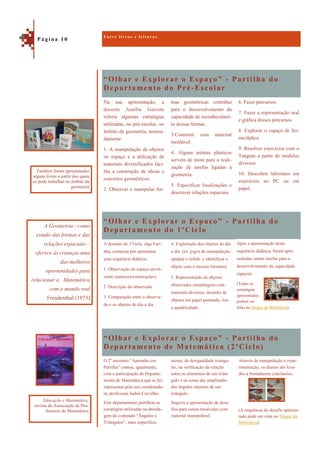 “Olhar e Explorar o Espaço” - Partilha do
Departamento do Pré -Escolar
“Olhar e Explorar o Espaço” - Partilha do
Departamento de Matemática (2ºCiclo)
6. Fazer percursos.
7. Fazer a representação oral
e gráfica desses percursos.
8. Explorar o espaço de for-
ma lúdica.
9. Resolver exercícios com o
Tangran a partir de modelos
diversos.
10. Descobrir labirintos em
exercícios no PC ou em
papel.
Na sua apresentação, a
docente Aurélia Gaivoto
referiu algumas estratégias
utilizadas, no pré-escolar, no
âmbito da geometria, nomea-
damente:
1. A manipulação de objetos
no espaço e a utilização de
materiais diversificados faci-
lita a construção de ideias e
conceitos geométricos.
2. Observar e manipular for-
mas geométricas contribui
para o desenvolvimento da
capacidade de reconhecimen-
to dessas formas.
3.Construir com material
moldável.
4. Alguns artistas plásticos
servem de mote para a reali-
zação de tarefas ligadas à
geometria.
5. Especificar localizações e
descrever relações espaciais.
“Olhar e Explorar o Espaço” - Partilha do
Departamento do 1ºCiclo
A docente do 1ºciclo, olga Fari-
nha, começou por apresentar
uma sequência didática:
1. Observação do espaço envol-
vente (natureza/construções).
2. Descrição do observado.
3. Comparação entre o observa-
do e os objetos do dia a dia.
4. Exploração dos objetos do dia
a dia (ex. jogos de manipulação:
apalpar o sólido e identificar o
objeto com o mesmo formato).
5. Representação de objetos
observados (modelagem com
materiais diversos, desenho de
objetos em papel ponteado, liso
e quadriculado.
Através da manipulação e expe-
rimentação, os alunos são leva-
dos a formularem conclusões.
(A sequência do desafio apresen-
tado pode ser vista no blogue da
Biblioteca).
O 2º encontro “Aprender em
Partilha” contou, igualmente,
com a participação do Departa-
mento de Matemática que se fez
representar pela sua coordenado-
ra, professora Isabel Carvalho.
Este departamento partilhou as
estratégias utilizadas na aborda-
gem do conteúdo “Ângulos e
Triângulos”, mais especifica-
mente, da desigualdade triangu-
lar, na verificação da relação
entre os elementos de um triân-
gulo e na soma das amplitudes
dos ângulos internos de um
triângulo.
Sugeriu a apresentação de desa-
fios para serem resolvidos com
material manipulável.
E n t r e l i v r o s e l e i t u r a s
P á g i n a 1 0
A Geometria—como
estudo das formas e das
relações espaciais—
oferece às crianças uma
das melhores
oportunidades para
relacionar a Matemática
com o mundo real
Freudenthal (1973)
Também foram apresentados
alguns livros a partir dos quais
se pode trabalhar no âmbito da
geometria
Educação e Matemática,
revista da Associação de Pro-
fessores de Matemática
Após a apresentação desta
sequência didática, foram apre-
sentadas outras tarefas para o
desenvolvimento da capacidade
espacial.
(Todas as
estratégias
apresentadas
podem ser
lidas no blogue da Biblioteca).
 