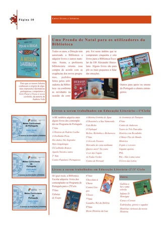 Uma Prenda de Natal para os utilizadores da
Biblioteca
Livros a serem trabalhados em Educação Literária –2º/3º Ciclo
Outros para apoio no ensino
do Português a alunos estran-
geiros.
Todos os anos, a Direção tem
autorizado a Biblioteca a
adquirir livros e outros mate-
riais. Assim, a professora
bibliotecária orienta essa
compra de acordo com as
exigências dos novos progra-
mas, pedidos
feitos pelos utili-
zadores da biblio-
teca ou conforme
as novidades na
ocasião da com-
pra. Foi neste âmbito que se
compraram cinquenta e oito
livros para a Biblioteca Esco-
lar da EB Alexandre Hercu-
lano. Alguns livros são para
pôr os mais pequenos a falar
das emoções.
Livros a serem trabalhados em Educação Literária —1ºCiclo
A BE também adquiriu mais
alguns livros dos contempla-
dos no Programa de Português.
1ºAno
A História do Pedrito Coelho
A Ovelhinha Preta
Dez dedos, Dez Segredos
Mais lengalengas
O Coelhinho Branco
Aquela Nuvem e outra
2º Ano
Contos Populares Portugueses
A Menina Gotinha de Água
O Rouxinol e a Sua Namorada
Fala Bicho
O Tepluquê
Bichos, Bichinhos e Bicharocos
3ºAno
A Arca do Tesouro
Mercador de coisa nenhuma
Queres ouvir? Eu conto
A cor das Vogais
As Fadas Verdes
Contos de Perrault
Galileu a
luz e uma
estrela
Infante D.
Henrique
Caras e Coroas
Esdrúxulas, graves e agudas
Histórias curiosas da nossa
História
De igual modo, a Biblioteca
Escolar adquiriu livros dos
contemplados no Programa de
Português para o 2ºCiclo.
5ºAno
Fábulas
de Esopo
E n t r e l i v r o s e l e i t u r a s
P á g i n a 1 0
Para que os nossos leitores
conheçam a origem de algu-
mas expressões idiomáticas
portuguesas, comprámos o
livro Puxar a brasa à nossa
sardinha, da autoria de
Andreia Vale
As Aventuras de Pinóquio
4ºAno
Contos de Andersen
Teatro às Três Pancadas
História com Recadinho
A Maior Flor do Mundo
Mistérios
O gato e o escuro
Gigante egoísta
PNL
Pré—Não é uma caixa
O Livro das Letras
6ºAno
Chocolate à
Chuva
Contos Gre-
gos
Ulisses
7ºAno
Leandro, Rei da Helíria
8ºAno
Breve História da Lua
Outros
 