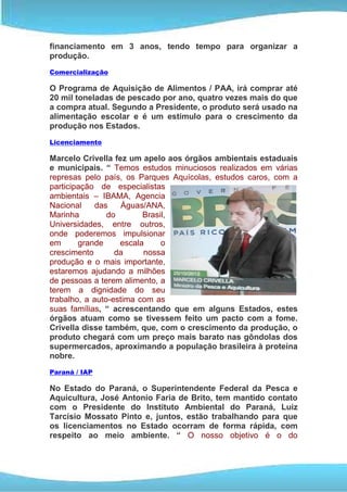 financiamento em 3 anos, tendo tempo para organizar a
produção.
Comercialização

O Programa de Aquisição de Alimentos / PAA, irá comprar até
20 mil toneladas de pescado por ano, quatro vezes mais do que
a compra atual. Segundo a Presidente, o produto será usado na
alimentação escolar e é um estímulo para o crescimento da
produção nos Estados.
Licenciamento

Marcelo Crivella fez um apelo aos órgãos ambientais estaduais
e municipais. “ Temos estudos minuciosos realizados em várias
represas pelo país, os Parques Aquícolas, estudos caros, com a
participação de especialistas
ambientais – IBAMA, Agencia
Nacional     das    Águas/ANA,
Marinha         do       Brasil,
Universidades, entre outros,
onde poderemos impulsionar
em      grande     escala     o
crescimento       da     nossa
produção e o mais importante,
estaremos ajudando a milhões
de pessoas a terem alimento, a
terem a dignidade do seu
trabalho, a auto-estima com as
suas famílias, “ acrescentando que em alguns Estados, estes
órgãos atuam como se tivessem feito um pacto com a fome.
Crivella disse também, que, com o crescimento da produção, o
produto chegará com um preço mais barato nas gôndolas dos
supermercados, aproximando a população brasileira à proteína
nobre.
Paraná / IAP

No Estado do Paraná, o Superintendente Federal da Pesca e
Aquicultura, José Antonio Faria de Brito, tem mantido contato
com o Presidente do Instituto Ambiental do Paraná, Luiz
Tarcísio Mossato Pinto e, juntos, estão trabalhando para que
os licenciamentos no Estado ocorram de forma rápida, com
respeito ao meio ambiente. “ O nosso objetivo é o do
 
