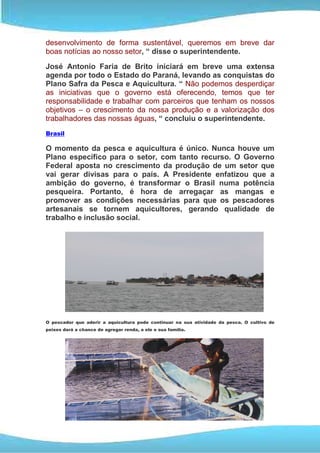 desenvolvimento de forma sustentável, queremos em breve dar
boas notícias ao nosso setor, “ disse o superintendente.

José Antonio Faria de Brito iniciará em breve uma extensa
agenda por todo o Estado do Paraná, levando as conquistas do
Plano Safra da Pesca e Aquicultura. “ Não podemos desperdiçar
as iniciativas que o governo está oferecendo, temos que ter
responsabilidade e trabalhar com parceiros que tenham os nossos
objetivos – o crescimento da nossa produção e a valorização dos
trabalhadores das nossas águas, “ concluiu o superintendente.
Brasil

O momento da pesca e aquicultura é único. Nunca houve um
Plano específico para o setor, com tanto recurso. O Governo
Federal aposta no crescimento da produção de um setor que
vai gerar divisas para o país. A Presidente enfatizou que a
ambição do governo, é transformar o Brasil numa potência
pesqueira. Portanto, é hora de arregaçar as mangas e
promover as condições necessárias para que os pescadores
artesanais se tornem aquicultores, gerando qualidade de
trabalho e inclusão social.




O pescador que aderir a aquicultura pode continuar na sua atividade da pesca. O cultivo de
peixes dará a chance de agregar renda, a ele e sua família.
 
