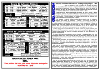 Data
05
12
19
26

Horário
18:30
18:30
18:30
18:30

Terça

Domingo
Domingo
Data
07
14
21
28

Culto
Ceia do Senhor
Culto de Missões
Culto das Primícias
Culto de Louvor

Dirigente
Diác. Benedito
Rosália
Rosangela
Vivia

Preciso encontrar os cristãos perseguidos porque… (13)
Pregador
Pb. José W.
Pb. Roberto R.
Ev. Walter S.
Diác. Edinaldo

Visita e Evangelismo – 14h30min
Escola Bíblica Dominical - E.B.D – 9h

Culto Solene – 19:30
Dirigente
Pregador
Diác. Roberto R.
Graça
Vivia
Diác. Benedito
Jurandir
Diác. Daniel F.
Diác. Fernando R.
Nena

Quinta

Domingo

Escala de Cultos de Piedade

Oração e Doutrina – 19:30
Data Dirigente
Pregador
02
Jurandir
Pb. José W.
09 Diác. Fernando R. Ev. Walter S.
Pb. Roberto R.
16
Graça
23
Rosália
Pb. José W.
30
Ana
Eliúde

Data
05
12
19
26

Horário
18:30
18:30
18:30
18:30

Terça

Domingo

Culto
Dirigente
Pregador
Amaro Firmino
Diác. Jair
Culto dos varões
Joelma
Aldir (Sede)
Culto Jovem
Rejane
Dorinha
Culto da UFE
Jailda
Pb. Roberto
Culto de Missões
Escola Bíblica Dominical - E.B.D – 9h

Culto de Pregação – 19:30
Data Dirigente
Pregador
07 Maria Carneiro Diác. Almir
14
Pr. Manassés
Madalena
Diác. Augusto
21
28 Carlos Alberto Diác. Eliel H.

Quarta
Quinta

Culto da UFE/Varões – 19:30
Data Dirigente
Pregador
Alcione
Pb. Duda
03
Diác. Manoel
10
Carlos A.
Elizama
Diác. Sergio
17
Diác. Valter
Diác. Sergio
24
Madalena
Aux. Edvaldo
31
Escola Bíblica Dominical – 19:30
Circulo de Oração das 13 Às 16 h

Sexta

Domingo

Escala de Cultos de Jardim Muribeca

TEMA DE NOSSA IGREJA PARA

2014:

“Vivei, acima de tudo, por modo digno do evangelho
de Cristo” Fl. 1.27a

…eles me ajudam a amar o mistério da vontade de Deus
A vida cristã envolve viver com o mistério. Muitas vezes, a vontade de Deus é
totalmente incompreensível para nós. É assim mesmo que deveria ser, já que os
caminhos de Deus são muito maiores do que os nossos, mas isso não significa
que seja mais fácil conviver com ele. Viver com mistério é difícil.
Uma reação que tenho notado entre os cristãos de todo o mundo é tentar
transformar mistérios em problemas. Este é um caminho falso. Os problemas são
questões "lá de fora" que podem ser resolvidos. Como colocar um homem na Lua
é um problema, e não um mistério. Um problema sempre pode ser resolvido com
tempo suficiente, recursos e engenho humano.
Por exemplo, o mal que existe no mundo é um mistério, não um problema.
Mistérios não podem ser resolvidos. Chegar a um acordo sobre eles é
perfeitamente possível. Podemos tentar tratar o mal como um problema, por meio
da oração para a cura ou libertação, ou introduzir uma melhor educação, ou a eleição de
líderes morais mais fortes, e assim por diante, mas por mais que tentemos, ele não vai
embora. Nós nunca poderemos resolver o "problema" do mal. É um mistério. Nós
tentamos entendê-lo da melhor maneira possível, mas temos que viver com ele.
Cristãos perseguidos não são diferentes dos demais cristãos em muitos aspectos. Eles
são cheios de falhas, equívocos e pecados – assim como os cristãos da Igreja brasileira.
Também nesta questão de lidar com o mistério da vontade de Deus, apresentam as
mesmas características.
O mistério deve ser vivenciado em silêncio, humilde e cuidadosamente. Nós não
devemos ter pressa para explicar o que não pode ser explicado. Lembro-me de uma
visita à China onde conheci a casa de um famoso líder da igreja. Nós estávamos falando
sobre avivamento.
Avivamento é um mistério. Por que Deus traz para alguns países e não a outros? Nós
não sabemos. Este líder disse que sabia: "Oh, não há mistério para o avivamento.
Avivamento é provocado pela perseguição. Você ora por perseguição, e você vai ter
avivamento mais tarde."
Mas, isso é completamente controverso. Muitos irmãos da Igreja Perseguida
desconhecem a história da Igreja em todo o mundo. Deus tem trazido avivamento sobre
aqueles que não sofrem perseguição. Os grandes avivamentos do século 18 da América
e Grã-Bretanha, por exemplo, foram trazidos em grande parte como resultado da
pregação de Whitefield e Wesley. Também é notável que há lugares onde a perseguição
não trouxe avivamento. Da África do Norte e Oriente Médio, surgiram muitos líderes da
Igreja primitiva, como Tertuliano e Agostinho. Agora, só há as ruínas de areia de igrejas
e a crescente ascensão do islamismo.
Os mistérios também devem nos fazer mais honestos. Temos de admitir que "não
conhecemos" a Deus. Mas, muitas vezes pedimos para obter respostas, que nós
simplesmente não conseguimos manusear.
Mas, se eu olhar para as experiências, ao invés de olhar para as explicações dos
cristãos perseguidos, percebo que, no coração do mistério, não há frustração, mas
alegria e graça. O mesmo líder chinês – tão confiante porque sabia a fórmula para o
avivamento – também compartilhou uma experiência na prisão: "Eu tinha perdido a
minha igreja, minha liberdade, e eu estava começando a perder a minha saúde, então
eu gritei a Deus: ‘Por que o Senhor está me deixando passar por isso?’” continuação...

 