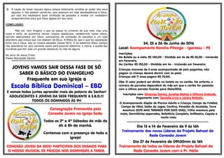 3. A nação de Israel naquela época estava totalmente vendida ao poder dos seus
algozes, e não podiam vencê-los, pois estavam em total desobediência a Deus,
por isso era necessário fazer confissão de pecados e revelar um verdadeiro
arrependimento para que Deus agisse em seu favor.
CONCLUSÃO:
Não sei, nem imagino o que se passa no universo de sua vida, mas uma
coisa é certa, se queremos vencer nossos obstáculos, recebermos nossa vitória,
sermos abençoados por Deus, precisamos de confissão de pecados e um total
abandono das coisas que nos afastam de Deus. A Bíblia diz que o que faz separação
entre nós e Deus, são os nossos pecados (Isaias 59.2). E se sabemos disso, porque
não abandoná-los, pois somente assim será possível obtermos a vitória, a queda das
muralhas que tem sido um grande obstáculo na vida de alguns.
No amor de Jesus Cristo.
Pastor Manassés Santos.
§§§§§§§§§§§§§§§§§§§§§§§§§§§§§§§§§§§§§§§§§§§§§§§§§§§§§§§§§§§§§§§§§§§§§§§§§§§§§§§§§§§§§§§§§§§§§§§§§§§§§§§§§§§§§§§§§§§§§§§§§§
JOVENS VAMOS SAIR DESSA FASE DE SÓ
SABER O BÁSICO DO EVANGELHO
Frequente em sua igreja a
Escola Bíblica Dominical – EBD
E vamos todos juntos aprender mais da palavra do Senhor!
ADOLESCENTES E JOVENS DA SEDE FREQUENTE A E.B.D.!!!
TODOS OS DOMINGOS ÀS 9H
§§§§§§§§§§§§§§§§§§§§§§§§§§§§§§§§§§§§§§§§§§§§§§§§§§§§§§§§§§§§§§§§§§§§§§§§§§§§§§§§§§§§§§§§§§§§§§§§§§§§§§§§§§§§§§§§§§§§§§§§§§
Consagração Promovida pela
Conexão Jovem na Igreja Sede.
Todos os 2º e 4º Sábados do mês de
6h à 8h da manhã.
Contamos com a presença de toda a
igreja!
§§§§§§§§§§§§§§§§§§§§§§§§§§§§§§§§§§§§§§§§§§§§§§§§§§§§§§§§§§§§§§§§§§§§§§§§§§§§§§§§§§§§§§§§§§§§§§§§§§§§§§§§§§§§§§§§§§§§§§§§§§
CONEXÃO JOVEM DA SEDE! PARTICIPEM DOS ENSAIOS PARA
O NOSSO MUSICAL DE PÁSCOA NOS DOMINGOS A TARDE.
24, 25 e 26 de Junho de 2016
Local: Acampamento Rancho Pitanga - Igarassu - PE
Inscrições:
No Boleto ou a vista: R$ 140,00 - Dividido em 4x de R$ 35,00 - Iniciando
em Fevereiro.
No Cartão: R$ 150,00 - Dividido em 4x - Iniciando em Fevereiro.
Crianças menores de 5 anos acompanhada de país pagantes, não
pagam (a criança deverá dormir com os pais).
Crianças até 11 anos pagam R$ 70,00.
Obs: O valor poderá ser divido no boleto ou no cartão. No entanto, o
número de parcelas dependerá do mês em que o cartão for passado,
com a última parcela ficando para Maio/2016.
Inscrições com: Gilvanise Santos, Jonatas Matias e Willams Andrade.
Pagamento com: Danielle Lima e Jaiany Rafaela.
O Acampamento dispõe de Piscina Adulto e Criança, Campo de Futebol,
Campo de Vôlei, Salão de Jogos, Cantina, Paredão de Escalada, Torre
Aventura (ESTE ANO TEREMOS POR DOIS DIAS), Trilha aventura pela
mata, Dormitórios separados, Refeitório Completo, Anfiteatro, Capela e
muito mais.
*************************************************************
Dia 13 e 14 de Fevereiro de 9 às 16h
Treinamento dos novos Líderes do Projeto Behael da
Rede Conexão Jovem
Dia 27 de Fevereiro de 09h30min às 16h
Treinamento de todos os líderes do Projeto Behael da
Rede Conexão Jovem com o Pr. Hélio
 