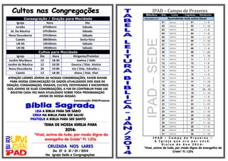 IPAD – Campo de Prazeres
Mês/Ano

ATENÇÃO LIDERES JOVENS DE NOSSAS CONGREGAÇÕES, FAVOR ENVIAR
PARA NOSSA COMUNICAÇÃO OS DADOS ATUALIZADOS DOS DIAS DE
ORAÇÃO, CONSAGRAÇÃO, ENSAIOS, CULTOS, FESTIVIDADES E ENCONTROS
DOS JOVENS DE SUAS CONGREGAÇÕES, A FIM DE CONTRIBUIR PARA UM
BOLETIM CADA VEZ MAIS ATUALIZADO SOBRE TODA PROGRAMAÇÃO
JOVEM DE NOSSA MISSÃO.
Comunicação IPAD/Prazeres

LEIA A BIBLIA PARA SER SÁBIO
CREIA NA BIBLIA PARA SER SALVO
PRATIQUE A BIBLIA PARA SER SANTO
----------------------------------------------------------------------------------------------------------------------------------------------------------------------------------------------------------------------------------------------------------------------

TEMA DE NOSSA IGREJA PARA

2014:

“Vivei, acima de tudo, por modo digno do
evangelho de Cristo” Fl. 1.27a
....................................................................................................................................................................................

CRUZADA NOS LARES

De 27 à 31 / 01 / 2014
Na Igreja Sede e Congregações

Dezembro/13

Livro
Capitulo Versículo
Aprendendo mais sobre Deus!

01

Salmos

01

1–6

02

Salmos
Salmos

02

1 – 12

03

03

1–8

04

Salmos

04

1–8

05

Salmos

05

1 – 12

06

Salmos

06

1 – 10

07

Salmos

07

1 – 17

08

Salmos

08

1–9

09

Salmos

09

1 – 20

10

Salmos

10

1 – 18

11

Salmos

11

1–7

12

Salmos

12

1–8

13

Salmos

13

1–6

14

Salmos

14

1–7

15

Salmos

15

1–5

16

Salmos

16

1 – 11

17

Salmos

17

1 – 15

18

Salmos

18

1 – 24

19

Salmos

18

25 – 50

20

Salmos

19

1 – 14

21

Salmos

20

1–9

22

Salmos

21

1 – 13

23

Salmos

22

1 – 31

24

Salmos

23

1–6

25

Salmos

24

1 – 10

26

Salmos

25

1 – 22

27

Salmos

26

1 – 12

28

Salmos

27

1 – 14

29

Salmos

28

1–9

30

Salmos

29

1 – 11

31

IPAD – SEDE

Consagração / Oração para Mocidade
Igreja
Hora
Dia
Jordão
07h00min
Sábado
Jd. Do Náutico
07h30min
Sábado
Nova Descoberta
07h30min
Sábado
Caetés
08h00min
Sexta-feira
UR-05
19h30min
Sábado
UR-06
19h00min
Sábado
Cultos para Mocidade
Igreja
Dia
Hora
Dirigente/Preleitor
Jardim Muribeca
12
18:30
Joelma / Aldir
Jardim do Náutico
12
18:30
Gessica / Diác. Aloízio
Nova Descoberta
26
19:00
Isis / Diác. Ednaldo L.
Caetés
12
18:30
Alane / Diác. Eliel

Dia

Salmos

30

1 – 12

IPAD – Campo de Prazeres –
A Igreja que ora por você.
Divisa do Ano 2014:

“Vivei, acima de tudo, por modo digno do evangelho de
Cristo” Fl. 1.27a

 