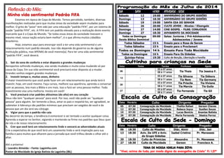 Reflexão do Mês:
Minha vida sentimental Padrão FIFA
Estamos em época de Copa do Mundo. Temos percebido, também, diversas
manifestações realizadas para que muitas áreas da sociedade sejam mudadas para
melhor. O grito do “povo” tem sido por uma educação “padrão FIFA”, por um sistema de
saúde “padrão FIFA”, etc. A FIFA tem um padrão elevado para a realização deste evento
marcante que é a Copa do Mundo. “Se todas essas áreas da sociedade tivessem o
mesmo nível, nossa nação estaria bem melhor”, é o que afirma muitos cidadãos
brasileiros.
Hoje, estamos aqui para encorajar você a ter uma vida sentimental e um
relacionamento num padrão elevado. Isso não depende do governo ou de alguma
instituição pública, mas APENAS de você mesmo(a). Para ter uma vida sentimental
“padrão FIFA”, você deverá:
1. Sair da zona de conforto e estar disposto a grandes mudanças
Aeroportos sofrendo mudanças, vias sendo mudadas e muita coisa mudando só por
causa da Copa. Em sua vida sentimental você precisará estar disposto a) a mudar.
Grandes sonhos exigem grandes mudanças.
2. Investir tempo e, muitas vezes, dinheiro
O maior investimento que você pode fazer em um relacionamento que ainda terá é
investir, hoje, em você mesmo. Faça cursos, melhore sua aparência, aprenda a conversar
com as pessoas, leia mais a Bíblia e ore mais. Isso o fará ser uma pessoa melhor. Todo
investimento visa uma melhoria. Invista em você!
3. Você precisará criar padrões altíssimos (do alto) em seu coração
Deus não tem “qualquer pessoa” para você. Por isso, você não pode ser “qualquer
pessoa” para alguém. Ser temente a Deus, amar os pais e respeitá-los, ser agradável, se
submeter à liderança são padrões mínimos que precisam ser exigidos de você e da
pessoa que um dia será seu cônjuge.
4. Vigiar para que o padrão não caia
No decorrer do tempo, a tendência é esmorecer e ser tentado a aceitar qualquer coisa.
Aprenda a esperar no Senhor, vigiando e mantendo-se firme nos padrões que Deus quer
de nós e de nosso relacionamento.
5. Crer que você terá um relacionamento lindo e vencerá as adversidades atuais
Crie a expectativa de que você terá um casamento lindo e será inspiração para sua
família e para muitos que olharem para a jornada que você trilhou desde o olhar até o
altar.
Até a próxima!
:: Leandro Almeida – Fonte: Lagoinha.com
Pastor da Mocidade da Igreja Batista da Lagoinha (IBL)
DIADIADIADIA DATADATADATADATA HORAHORAHORAHORA ATIVIDADEATIVIDADEATIVIDADEATIVIDADE ---- SEDESEDESEDESEDE
Sábado 12 19:00 ANIVERSÁRIO DO GRUPO GIDEÕES
Domingo 13 18:30 ANIVERSÁRIO DO GRUPO GIDEÕES
Sábado 19 19:00 SANTA CEIA DO SENHOR
Sábado 26 20:00 CULTO JOVEM – Micaias / Elizangela
Domingo 27 14:00 CINE GOSPEL – FILME: CORAJOSOS
Domingo 27 18:30 AVIVAMENTO DA MOCIDADE
Todos os Domingos
Escola Bíblica Dominical
09:00 Salas: Juniores / Pré-Adolescentes
Adolescentes / Jovens
Todos Sábados 15 h Ensaio para o Rosa de Sarom
Todos Sábados 15 h Ensaio para o Proclamart
Todos os Domingos 14 h Ensaio Para Toda Mocidade
Todos os Domingos 16 h Ensaio Para Os Gideões
Quintas-Feiras 19:30 Culto de Benção, Libertação e Família
Data Tema Turma Professor Apoio
06
- 03 à 07 anos
Tia Thais Tia Jessica F.08 à 11 anos
13 -
03 à 07 anos Tia Silvana Tia Débora
08 à 11 anos Tia Nem Tia Germany
20 -
03 à 07 anos Tia Priscila Tia Viviane
08 à 11 anos Tia Marcia Tio Guila
27 -
03 à 07 anos
Tia Fernanda Tia Gil08 à 11 anos
Data Horário Culto Dirigente Pregador
05 07:30 Consagração da Mocidade Thalita Rafael Gerson Chaves
12 07:30 Consagração da Mocidade Rebeca Joyce Suellen Souza
19 07:30 Consagração da Mocidade Lucas Benício Ananias Batista
26 07:30 Consagração da Mocidade Maria Fernanda Jéssica Ferraz
Data Horário Culto Dirigente Pregador
06 18:30 Culto de Missões Diác. Almir Diác. Jair
13 18:30 Aviv. Da UFE e Aniv.
do Grupo Gideões
Isabel Cristina Pr. Manasses
20 18:30 Culto de Primícias Alexandre Pr. Manasses
27 18:30 Culto da Mocidade Gerson Francisco A.
TEMA DE NOSSA IGREJA PARATEMA DE NOSSA IGREJA PARATEMA DE NOSSA IGREJA PARATEMA DE NOSSA IGREJA PARA 2014:2014:2014:2014:
“Vivei, acima de tudo, por modo digno do evangelho de Cristo” Fl. 1.27ª
 