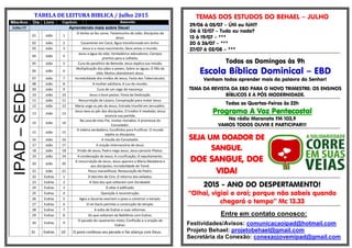 TABELA DE LEITURA BIBLICA / Julho 2015
Mês/Ano Dia Livro Capitulo Assunto
Julho/15 Aprendendo mais sobre Deus!
IPAD–SEDE
01 João 1
O Verbo se fez carne; Testemunho de João; Discípulos de
Jesus.
02 João 2 Casamento em Caná; Água transformada em vinho.
03 João 3 Jesus e o novo nascimento; Deus amou o mundo.
04 João 4
Jesus a água da vida; Verdadeiros adoradores; Campos
prontos para a colheita.
05 João 5 Cura do paralítico de Betesda; Jesus explica sua missão.
06 João 6
Multiplicação dos pães e peixes; Sobre as águas; O Pão da
vida; Muitos abandonam Jesus.
07 João 7 Incredulidade dos irmãos de Jesus; Festa dos Tabernáculos.
08 João 8 A mulher adúltera; A Luz do mundo.
09 João 9 Cura de um cego de nascença.
10 João 10 Jesus o bom pastor; Festa da Dedicação.
11 João 11 Ressurreição de Lázaro; Conspiração para matar Jesus.
12 João 12 Maria unge os pés de Jesus; Entrada triunfal em Jerusalém.
13 João 13
Jesus lava os pés dos discípulos; O traidor é revelado; Jesus
anuncia sua partida.
14 João 14
Na casa de meu Pai, muitas moradas; A promessa do
Consolador.
15 João 15
A videira verdadeira; Escolhidos para frutificar; O mundo
rejeita os discípulos.
16 João 16 A missão do Consolador.
17 João 17 A oração intercessória de Jesus.
18 João 18 Prisão de Jesus; Pedro nega Jesus; Jesus perante Pilatos.
19 João 19 A condenação de Jesus; A crucificação; O sepultamento.
20 João 20
A ressurreição de Jesus; Jesus aparece a Maria Madalena e
aos discípulos; Incredulidade de Tomé.
21 João 21 Pesca maravilhosa; Restauração de Pedro.
22 Esdras 1 O decreto de Ciro; O retorno dos exilados.
23 Esdras 2 A lista dos que voltaram com Zorobabel.
24 Esdras 3 O altar é edificado.
25 Esdras 4 Oposição à reconstrução.
26 Esdras 5 Ageu e Zacarias exortam o povo a construir o templo.
27 Esdras 6 O rei Dario permite a construção do templo.
28 Esdras 7 A volta de Esdras e suas reformas.
29 Esdras 8 Os que voltaram da Babilônia com Esdras.
30 Esdras 9
O pecado do casamento misto; Confissão e a oração de
Esdras.
31 Esdras 10 O povo confessa seu pecado e faz aliança com Deus.
TEMAS DOS ESTUDOS DO BEHAEL – JULHO
29/06 à 05/07 – Útil ou fútil?
06 à 12/07 – Tudo ou nada?
13 à 19/07 – ***
20 à 26/07 – ***
27/07 à 02/08 – ***
********************************************************************************************************************************************************************************************
Todos os Domingos às 9h
Escola Bíblica Dominical – EBD
Venham todos aprender mais da palavra do Senhor!
TEMA DA REVISTA DA EBD PARA O NOVO TRIMESTRE: OS ENSINOS
BÍBLICOS E A PÓS MODERNIDADE.
********************************************************************************************************************************************************************************************
Todas as Quartas-Feiras às 22h
Programa A Voz Pentecostal
Na rádio Maranata FM 103,9
VAMOS TODOS OUVIR E PARTICIPAR!!!
********************************************************************************************************************************************************************************************
SEJA UM DOADOR DE
SANGUE.
DOE SANGUE, DOE
VIDA!
********************************************************************************************************************************************************************************************
2015 - ANO DO DESPERTAMENTO!
“Olhai, vigiai e orai; porque não sabeis quando
chegará o tempo” Mc 13.33
********************************************************************************************************************************************************************************************
Entre em contato conosco:
Festividades/Avisos: comunicacaoipad@hotmail.com
Projeto Behael: projetobehael@gmail.com
Secretária da Conexão: conexaojovemipad@gmail.com
 