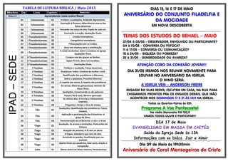TABELA DE LEITURA BIBLICA / Maio 2015
Mês/Ano Dia Livro Capitulo Assunto
Maio/15 Aprendendo mais sobre Deus!IPAD–SEDE 01 Colossenses 01 Prefácio e saudações; Andando dignamente.
02 Colossenses 02
Exortação à firmeza; Advertências acerca das
falsas doutrinas.
03 Colossenses 03 Pensando nas coisas do alto; Papéis de cada um.
04 Colossenses 04 Exortação à oração; Saudações finais.
05 I Tessalonicenses 01 Cristãos exemplares.
06 I Tessalonicenses 02 Evangelistas exemplares.
07 I Tessalonicenses 03 Preocupação com os irmãos.
08 I Tessalonicenses 04 Deus nos chamou para a santificação.
09 I Tessalonicenses 05
A vinda do Senhor; Sobre a conduta na igreja;
Saudações finais.
10 II Tessalonicenses 01 Cumpre-nos dar graças ao Senhor.
11 II Tessalonicenses 02 Sejam firmes, Deus vos escolheu.
12 II Tessalonicenses 03 Exortações finais.
13 I Timóteo 01 Prefácio e saudação; Falsas doutrinas;
14 I Timóteo 02 Oração por todos; Conduta da mulher cristã.
15 I Timóteo 03 Qualificação dos presbíteros e diáconos;
16 I Timóteo 04 Sobre a apostasia; Preceitos diversos.
17 I Timóteo 05 A respeito das viúvas; A respeito dos presbíteros.
18 I Timóteo 06
Os servos; Mestres gananciosos; Homem de
Deus; Ricos.
19 II Timóteo 01 Saudações; Conservando as sãs palavras.
20 II Timóteo 02 Palavra fiel é está; Obreiro aprovado.
21 II Timóteo 03
Os últimos dias; A Escritura é divinamente
inspirada.
22 II Timóteo 04 Pregando a tempo e fora de tempo.
23 Tito 01
Saudações; Qualificação dos presbíteros; Falsos
mestres.
24 Tito 02
Aplicação e proclamação da sã doutrina: A
graça de Deus.
25 Tito 03 Demonstração da sã doutrina: a raiz e o fruto
26 Tiago 01
Saudação; As provas e tentações; Praticantes da
Palavra.
27 Tiago 02 Acepção de pessoas; A fé sem as obras.
28 Tiago 03 A língua; Sabedoria que vem do alto.
29 Tiago 04
Resistindo às paixões; Humilhando para ser
exaltado.
30 Tiago 05
Apelos finais por paciência, falar puro, oração e
compaixão.
31 Judas 01 Alerta contra os falsos mestres; Perseverança.
DIAS 15, 16 E 17 DE MAIO
ANIVERSÁRIO DO CONJUNTO FILADELFIA E
DA MOCIDADE
EM NOVA DESCOBERTA
********************************************************************************************************************************************************************************************
TEMAS DOS ESTUDOS DO BEHAEL – MAIO
27/04 à 03/05 - OBSERVADOR, ENVOLVIDO OU PARTICIPANTE?
04 à 10/05 – CONVERSA OU FOFOCA?
11 à 17/05 – CONVERSA OU COMUNICAÇÃO?
18 à 24/05 – RIQUEZA OU POBREZA?
25 à 31/05 – GENEROSIDADE OU AVAREZA?
********************************************************************************************************************************************************************************************
ATENÇÃO CORO DA CONEXÃO JOVEM!!!
DIA 31/05 IREMOS NOS REUNIR NOVAMENTE PARA
LOUVAR NO ANIVERSÁRIO DA IGREJA.
O HINO SERÁ:
A IGREJA VEM – ANDERSON FREIRE
ENSAIEM EM SUAS REDES, ESCUTEM EM CASA, NA RUA PARA
CHEGARMOS PRONTOS PRA OS ENSAIOS GERAIS, QUE IRÃO
ACONTECER NOS DOMINGOS 17 E 31 ÀS 14H NA IGREJA.
********************************************************************************************************************************************************************************************
Todas as Quartas-Feiras às 22h
Programa A Voz Pentecostal
Na rádio Maranata FM 103,9
VAMOS TODOS OUVIR E PARTICIPAR!!!
********************************************************************************************************************************************************************************************
DIA 17 de Maio
EVANGELISMO EM MASSA EM CAETÉS
Saída da Igreja Sede às 13h
Informações com os Diács. Jair e Almir
********************************************************************************************************************************************************************************************
Dia 09 de Maio às 19h30min
Aniversário do Coral Mensageiros de Cristo
 