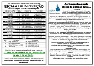 IGREJA PENTECOSTAL ASSEMBLÉIA DE DEUS / PRAZERES                                       As 5 maneiras mais
                                                                                            fáceis de poupar água...
        PROGRAMAÇÃO SEDE E CONGREGAÇÕES                                                                          1 - Chuveiros
  CONGREGAÇÃO          DIA      DIRIGENTE          PREGADOR                                   Consumo: Um chuveiro gasta entre 6 a 25 litros por
 Jardim do Náutico                                                                           minuto, conforme o modelo e a pressão da água. Um
      Instrução        05    AUX. ISAIAS        PB. EVÂNIO PESSOA                           duche de 15 minutos, com a torneira meia aberta, gasta
                                                                                                             cerca de 240 litros.
      Instrução        19    AUX. MOISES        PR. MANASSÉS S.
       Jordão                                                         Economia: Se fechar a torneira enquanto se ensaboa e diminuir o tempo do
                                                                     duche para 5 minutos diminui o consumo para cerca de 80 litros. Um chuveiro
      Instrução        01    AUX. ROBERTO R.   PB. EVÂNIO PESSOA                com sistema redutor de caudal pode economizar 80%.
      Instrução        22    DIÁC. ENIVALDO G. PR. MANASSÉS S.
                                                                                                      2 - Lavatórios
  Jardim Muribeca                                                    Consumo: As torneiras dos lavatórios jorram cerca de 9 litros por minuto. Um
      Instrução        12    DIÁC. BENEDITO     PR. MANASSÉS S.     consumo de 12 litros por dia (4 lavagens de 20 segundos). Ao escovar os dentes,
       Caetés                                                           durante 5 minutos com água a correr, gasta em média 45 litros de água!´
      Instrução        12    DIÁC. CARMÉLIO     PB. EVÂNIO PESSOA      Economia: Lavar os dentes, usando um copo com água e a torneira fechada
   Ceia do Senhor      26    DIÁC. AMARO MANOEL PR. MANASSÉS S.      reduz o desperdício. Se colocar uma tampa no lavatório ao fazer a barba, gasta
  Nova Descoberta                                                                               apenas 2 litros de água.
      Instrução        15    AUX. EDVALDO       PB. EVÂNIO PESSOA                                   3 - Descargas
     Dois Rios                                                      Consumo: Um terço da água que se gasta em casa é proveniente das descargas
      Instrução        29    DIÁC. LUIZ GONZAGA PR. MANASSÉS S.      do autoclismo: 10 litros de água são consumidos cada vez que o autoclismo
                                                                                                       funciona.
      PIO XII
      Instrução        08    DIÁC. DUDA         PR. MANASSÉS S.     Economia: Se colocar uma garrafa de 1,5 litros dentro do depósito, a capacidade
                                                                     diminui. O consumo de água reduz para 8,5 litros por disparo. Outra solução é
                             SEDE                                          escolher um autoclismo de duplo depósito, de uso mais racional.
 Dia            Dirigente                    Pregador
                                                                                                   4 - Tanque
  07    DIÁC. JOSÉ DIAS           PR. MANASSÉS SANTOS                    Consumo: Uma lavagem com a torneira meia aberta pode significar um
  14    CLÓVIS RODRIGUES          PB. EVÂNIO PESSOA                               consumo superior aos 200 litros em 15 minutos.
  21    DIÁC. FERNANDO RAMOS      PR. MANASSÉS SANTOS                    Economia: Deixe as roupas de molho e use a mesma água para lavar e
  28    JAIR RAFAEL               PR. MANASSÉS SANTOS                                                ensaboar.
                                                                                                 5 - Máquina de Lavar
                                                                       Consumo: As máquinas de lavar-roupa, sem dúvida, imprescindíveis, para
  DIA 10 – Serão comemorados na Igreja Sede, à noite, os             além de muita energia, consomem muita água( aproximadamente 100 litros por
10 anos de Ministério do Pr. Manassés na                                                               lavagem).
                                                                      Economia: Convém enchê-las bem, e no caso de não haver roupa suficiente
               IPAD / PRAZERES.                                       para uma uma carga completa escolher o programa "meia carga", que será
                                                                                                   suficiente.
“Grandes coisas fez o Senhor por nós e por isso estamos alegres”           A ÁGUA QUE HOJE POUPAR É A QUE AMANHÃ IRÁ USAR!
 Vamos juntos agradecer a Deus pela vida e ministério do
                        nosso Pastor!
 