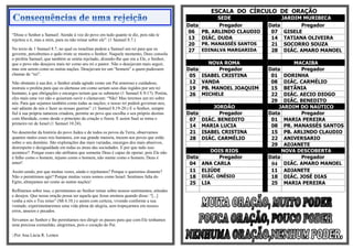 ESCALA DO CÍRCULO DE ORAÇÃO
                                                                                                   SEDE                   JARDIM MURIBECA
                                                                                          Data     Pregador          Data       Pregador
                                                                                          06 PB. ARLINDO CLAUDIO      07 GISELE
“Disse o Senhor a Samuel: Atende à voz do povo em tudo quanto te diz, pois não te
rejeitou a ti, mas a mim, para eu não reinar sobre ele”. (1 Samuel 8.7.)                  13 DIÁC. DUDA               14 TATIANA OLIVEIRA
                                                                                          20 PR. MANASSÉS SANTOS      21 SOCORRO SOUZA
No texto de 1 Samuel 8.7, no qual os israelitas pedem a Samuel um rei para que os         27 EDINALVA MARGARIDA       28 DIÁC. AMARO MANOEL
governe, percebemos o quão triste se mostra o Senhor. Naquele momento, Deus consola
o profeta Samuel, que também se sentia rejeitado, dizendo-lhe que era a Ele, o Senhor,
que o povo não desejava mais ter como seu rei e pastor. Não o desejavam mais seguir,            NOVA ROMA                     MACAIBA
mas sim serem como as outras nações. Desejavam ter um “homem” a quem pudessem             Data      Pregador         Data       Pregador
chamar de “rei”.                                                                           05 ISABEL CRISTINA         01 DORINHA
Não obstante à sua dor, o Senhor ainda agindo como um Pai amoroso e cuidadoso,             12 VANDA                   08 DIÁC. CARMÉLIO
instruiu o profeta para que os alertasse em como seriam seus dias regidos por um rei       19 PB. MANOEL JOAQUIM      15 BETÃNIA
humano; à que obrigações e encargos teriam que se submeter (1 Samuel 8.9-17). Porém,       26 MICHELE                 22 DIÁC. AECIO DIOGO
eles mais uma vez não o quiseram ouvir e clamavam: “Não! Mas teremos um rei sobre
nós. Para que sejamos também como todas as nações; o nosso rei poderá governar-nos,
                                                                                                                      29 DIÁC. BENEDITO
sair adiante de nós e fazer as nossas guerras”. (1 Samuel 8.19-20.) E o Senhor, sempre            JORDÃO                 JARDIM DO NAÚTICO
fiel à sua própria natureza criadora, permite ao povo que escolha o seu próprio destino   Data      Pregador         Data       Pregador
com liberdade, como desde o princípio da criação o fizera. E assim Saul se torna o         07 DIÁC. BENEDITO          01 MARIA PEREIRA
primeiro rei de Israel (1 Samuel 10.24).
                                                                                           14 MARIA LUCIA             08 PR. MANASSÉS SANTOS
No desenrolar da história do povo Judeu e de todos os povos da Terra, observamos           21 ISABEL CRISTINA         15 PB. ARLINDO CLAUDIO
quantos males esses reis humanos, em sua grande maioria, trazem aos povos que estão        28 DIÁC. CARMÉLIO          22 ANIVERSARIO
sobre o seu domínio. São explorações das mais variadas, encargos dos mais abusivos,
                                                                                                                      29 ADJANETE
desrespeito e desigualdade em todas as áreas das sociedades. E por que tudo isso
acontece? Porque esses são atributos que somente Deus é capaz de operar; pois Ele não               DOIS RIOS             NOVA DESCOBERTA
é falho como o homem, injusto como o homem, não mente como o homem. Deus é                Data         Pregador      Data       Pregador
amor!                                                                                      04    ANA CARLA            04 DIÁC. AMARO MANOEL
Assim sendo, por que muitas vezes, ainda o rejeitamos? Porque o queremos distante?         11    ELIÚDE               11 ADJANETE
Não o permitimos agir? Porque muitas vezes somos como Israel. Sentimos falta do            18    DIÁC. ONÉSIO         18 DIÁC. JOSÉ DIAS
Egito, almejamos ser como as outras nações!                                                25    LIA                  25 MARIA PEREIRA
Reflitamos sobre isso, e permitamos ao Senhor reinar sobre nossos sentimentos, atitudes
e desejos. Que nossa oração possa ser aquela que Jesus ensinou quando disse: “[...]
venha a nós o Teu reino” (Mt 6.10.) e assim com certeza, vivendo conforme a sua
vontade, experimentaremos uma vida plena de alegria, sem tropeçarmos em nossos
erros, anseios e pecados.

Sirvamos ao Senhor e lhe permitamos nos dirigir os passos para que com Ele tenhamos
uma preciosa comunhão, alegremos, pois o coração do Pai.

::Por Ana Lúcia R. Lemos
 