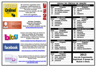 ESCALA DO CÍRCULO DE ORAÇÃO
   Se você tiver sugestões sobre                                  SEDE                  JARDIM MURIBECA
   mudanças, melhoramentos ou
  mensagens para a comunicação,                       Data        Pregador         Data       Pregador
        nos envie via email.                          06     DEYSEMAR               07    PB. AMARO MANOEL
 Contamos com sua opinião, ela vale                   13     PB. ARLINDO CLÁUDIO    14    ENILZA
          muito para nós.                             20     PB. EVÃNIO PESSOA      21    LIA
                                                      27     ELIÚDE                 28    JOSENITA
          Envie suas sugestões:
   comunicacaoipad@hotmail.com
                                                               NOVA ROMA                     MACAIBA
                                                      Data        Pregador         Data        Pregador
                                                       05    TATIANA OLIVEIRA       01    DIÁC. ONÉSIO
                Dúvidas, Conselhos,
                                                       12    DORINHA                08    MARIA LÚCIA
              Busca por uma palavra ,
                                                       19    VALDENICE              15    ELIÚDE
                 Fale com o Pastor.
        Envie um e-mail e converse com ele:            26    ENILZA                 22    EVÓDIA
            prmanassessantos@ig.com.br                                              29    DORINHA
                                                                 JORDÃO                  JARDIM DO NAÚTICO
                                                      Data         Pregador         01    GISELE
    Acesse nosso blog e fique por dentro de            07    DIÁC. AÉCIO DIOGO      08    SOLANGE
      todas as novidades da nossa igreja,              14    MARIA LÚCIA            15    LOURDINHA
      festividades, mensagens, enquetes,               21    AMARO GERÔNIMO         22    PB. EVÂNIO
    fotos de eventos, rádio on-line, mural de          28    AMARA                  29    MICHELLE
              recados e muito mais.
    www.ipadprazeres.blogspot.com                               DOIS RIOS                 NOVA DESCOBERTA
                                                      Data        Pregador         Data         Pregador
    Curta a nossa página no Facebook e fiquem por      04    TELMA                  04    MARIA PEREIRA
    dentro de todas as novidades e avisos de ultima    11    EVÓDIA                 11    PB. DUDA
       hora de nossa igreja, mais um canal para
                                                       18    DIÁC. CARMÉLIO         18    VERÔNICA
       estarmos mais próximos de vocês, curta:
                                                       25    ISABEL CRISTINA        25    MÁRCIA NASCIMENTO
      www.facebook.com/IPAD.PRAZERES
                                                                 PIO XII

Para os usuários do Orkut nos adicione e fiquem por
                                                      Data
                                                       07
                                                                   Pregador
                                                             SOCORRO SOUZA                   2012
 dentro de todo que acontece em nossa igreja por       14    DIÁC. JOSÉ DIAS        Ano de Crescimento
                  diversos canais.                     21    PB. DIONISIO
                                                                                   Espiritual. É tempo de
                                                       28    DOUGLAS
 www.orkut.com.br/Main#Scrapbook?uid=1292
             4167246796713282
                                                                                      Buscar a Deus.
 