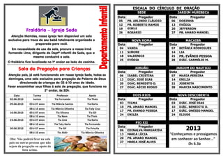 Fraldário – Igreja Sede
Atenção Mamães, nossa igreja tem disponível um sala
exclusiva para troca de seu bebê totalmente organizada e
preparada para você.
Em necessidade de uso da sala, procure a nossa irmã
Fernanda Lima, dirigente do Deptº Infantil da Sede, que a
mesma conduzirá a sala.
O fraldário fica localizado no 1º andar ao lado da cozinha.
*********************************************************************************************************
Sala de Pregação para Crianças
Atenção pais, já está funcionando em nossa Igreja Sede, todos os
domingos, uma sala exclusiva para pregação da Palavra de Deus
direcionada às crianças de 03 à 10 anos de idade.
Favor encaminhar seus filhos à sala de pregação, que funciona no
2º andar, às 20h.
Data Turma Professor Apoio
02.06.2013 Juntos Tia Fernanda Tia Thais
09.06.2013 03 á 07 anos Tia Márcia Santos Tia Karla
08 á 10 anos Tia Márcia Oliveira Tia Taty Cruz
16.06.2013 03 á 07 anos Tia Silvana Tia Gil
08 á 10 anos Tia Nem Tia Thais
23.06.2013 03 á 07 anos Tia Line Tia Karla
08 á 10 anos Tia Taty Karla Tia Fernanda
30.06.2013 03 á 07 anos Tia Gil Tia Priscila
08 á 10 anos Tio Aldir Tia Márcia Oliveira
Obs: Não poderá ficar na sala
pais ou outras pessoas que não
sejam da pregação ou apoio da
lista acima.
ESCALA DO CÍRCULO DE ORAÇÃO
SEDE JARDIM MURIBECA
Data Pregador Data Pregador
05 PB. ARLINDO CLÁUDIO 06 DORINHA
12 PB. ROBERTO RAMOS 13 EVÓDIA
19 GISELE 20 JEFFERSON
26 ROSÁRIO 27 PB. AMARO MANOEL
NOVA ROMA MACAIBA
Data Pregador Data Pregador
04 VANDA 07 BETÂNIA RODRIGUES
11 SIMONE 14 LIA
18 VALDENICE 21 PR. EVÂNIO PESSOA
25 EVÓDIA 28 DIÁC. CARMÉLIO M.
JORDÃO JARDIM DO NAUTICO
Data Pregador Data Pregador
06 ISABEL CRISTINA 07 MARIA PEREIRA
13 DIÁC. JOSÉ DIAS 14 ENILZA
20 DIÁC. BENEDITO O. 21 JOSENITA
27 DIÁC. AÉCIO DIOGO 28 MARCIA NASCIMENTO
DOIS RIOS NOVA DESCOBERTA
Data Pregador Data Pregador
03 TELMA 03 DIÁC. JOSÉ DIAS
10 PB. AMARO MANOEL 10 DIÁC. BENEDITO O.
17 PR. EVANIO PESSOA 17 DIÁC. ONÉSIO MANOEL
24 ENILZA 24 ELIUDE
PIO XII
Data Pregador
2013
“Conheçamos e prossigamos
em conhecer ao Senhor...”
Os 6.3a
06 EDINALVA MARGARIDA
13 MARIA LÚCIA
20 PB. AMARO MANOEL
27 MARIA JOSÉ ALVES
 