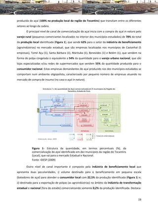 produzida do açaí (100% na produção local da região do Tocantins) que transitam entre os diferentes
setores ao longo da cadeia.
       O principal nível de canal de comercialização do açaí inicia com a compra do açaí in natura pelo
varejo rural (pequenos comerciantes localizados no interior dos municípios estudados) de 78% do total
da produção local identificada (Figura 1), que vende 62% para o setor da indústria de beneficiamento
(agroindústrias) no mercado estadual, que são empresas localizadas nos municípios de Castanhal (5
empresas), Tomé Açu (1), Santa Bárbara (1), Marituba (1), Benevides (1) e Belém (1), que vendem na
forma de polpa congelada o equivalente a 54% da quantidade para o varejo urbano nacional, que são
lojas especializadas e/ou redes de supermercados que vendem 55% da quantidade produzida para o
consumidor nacional. Estas empresas demandantes do açaí produzido nos dez municípios estudados se
comportam num ambiente oligopolista, caracterizado por pequeno número de empresas atuando no
mercado de compra de insumo (no caso o açaí in natura).




            Figura 1- Estrutura da quantidade, em termos percentuais (%), da
            comercialização do açaí identificado em dez municípios da região do Tocantins
            (Local), que vai para o mercado Estadual e Nacional.
            Fonte: IDESP (2009)

       Outro nível de canal importante é composto pela indústria de beneficiamento local que
apresenta duas peculiaridades, i) volume destinado para o beneficiamento em pequena escala
(batedores de açaí) para atender o consumidor local com 22,5% da produção identificada (Figura 1) e;
ii) destinado para a exportação de polpas (as agroindústrias) no âmbito da indústria de transformação
estadual e nacional (fora do estado) comercializando somente 0,2% da produção identificada. Destaca-


                                                                                                    19
 