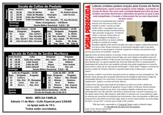 Escala de Cultos de PiedadeDomingo
Data Horário Culto Dirigente Pregador
05 18:30 Ceia do Senhor Ana Pb. Roberto Ramos
12 18:30 Culto de Missões Rosangela Julio Ferreira
19 18:30 Culto das Primícias Valkiria -
26 18:30 Culto Evangelístico Diác. Benedito Pb. José Wanderley
Domingo Visita e Evangelismo – 14h30min
Domingo Escola Bíblica Dominical - E.B.D – 9h
Terça
Culto Solene – 19:30
Quinta
Oração e Doutrina – 19:30
Data Dirigente Pregador Data Dirigente Pregador
07 Graça Diác. Daniel F. 02 Rosália Ev. Walter
14 Ana Diác. Benedito 09 Diác. Benedito Ev. Walter
21 Diác. Daniel F. Diác. Enivaldo 16 Aux. Isaias Pb. Morramos
28 Julio Ferreira Diác. Fernando 23 Rosália Pb. Duda
30 Diác. Almir Pb. João M.
Escala de Cultos de Jardim Muribeca
Domingo
Data Horário Culto Dirigente Pregador
05 18:30 Culto dos varões Diác. Valter Diác. Enivaldo
12 18:30 Culto Jovem César Gleibson
19 18:30 Culto da UFE Rejane Edna Cardoso
26 18:30 Culto Infantil Pb. Duda Diác. Jair
Domingo Escola Bíblica Dominical - E.B.D – 9h
Terça
Culto de Pregação – 19:30
Sexta
Culto da UFE – 19:30
Data Dirigente Pregador Data Dirigente Pregador
07 Carlos A. - 03 Rejane Diác. Ednaldo
14 Diác. Eliel Pr. Manasses 10 Alcione Madalena
21 Junior Diác. Jair 17 Karol Robson
28 Maria C. Diác. Almir 24 Elizama Diác. Augusto
31 Madalena Diác. Manoel
Quarta
Quinta
Escola Bíblica Dominical – 19:30
Circulo de Oração das 13 Às 16 h
MAIO - MÊS DA FAMÍLIA
Sábado 11 de Maio - Culto Especial para CASAIS
na Igreja sede às 19 h.
Todos estão convidados.
Líderes cristãos pedem oração pela Coreia do Norte
O cristianismo, assim como qualquer outra religião, é proibido na
Coreia do Norte. Em uma carta contrabandeada para fora do país,
cristãos secretos descrevem a atmosfera de guerra na qual o país
está mergulhado. A oração e intercessão faz-se mais importante
do que nunca
"Estamos nos preparando para a batalha
decisiva com uma arma na mão e um
martelo na outra", resume um líder
cristão, sobre a mensagem que o povo
norte-coreano recebeu recentemente do
"alto comando" do governo. "O exército
militar, a marinha, a força aérea, as
tropas estratégicas de foguetes, os
guardas vermelhos e os jovens soldados
já estão em posição de combate.
Reuniões urgentes estão sendo realizadas por todos os lugares, independentemente
se é dia ou noite. Nesses encontros, os funcionários decidem sobre o que deve
acontecer no caso de guerra, incluindo o papel das mulheres, que precisam estar
prontas para entrar em combate”, disse ele.
Segundo fontes da Portas Abertas, na estrada, muitos carros já estão cobertos por redes de
camuflagem e soldados portando armas de fogo, que usam chapéus com galhos secos (um
tipo de camuflagem também). O líder do país, Kim Jong-Un, divulgou um comunicado para o
povo dizendo que "se a guerra explodir por conta das ações dos EUA e o comportamento
imperdoável da Coreia do Sul, eles acabarão sofrendo uma queda vergonhosa e a Coreia da
Norte viverá o nascer de um novo dia de reunificação”. E disse ainda: “Chegou o momento de
mostrar o poder do 'Primeiro Exército’ e a grande nação norte-coreana para o mundo
inteiro."
No entanto, cristãos e civis temem uma guerra entre as nações e as suas consequências. "Na
dúvida, muitas pessoas têm comprado suprimentos de emergência (alimentos e artigos de
necessidades básicas). Por conta disso, os preços desses produtos estão subindo
rapidamente”, explicou o contato da Portas Abertas.
Cristãos locais são gratos pela ajuda de estrangeiros ao redor do mundo e pedem por
contínuas orações. "Eu gostaria de agradecer a esses irmãos e irmãs que, mesmo estando
longe, nos apoiam através do seu amor, suas orações e doações. Sabemos que a nossa
caminhada até o céu não será fácil, mas temos a certeza de que a nossa fé e esperança, um
dia, darão muitos frutos. Não importa o quão difícil é a vida para nós, nunca devemos culpar
ou reclamar por causa das circunstâncias que enfrentamos. Deus nos prometeu na Bíblia que,
se buscarmos o Seu Reino em primeiro lugar, todas as outras coisas também nos serão dadas.
Por favor, ore por nós!", concluiu outro cristão norte-coreano.
*Há onze anos consecutivos, a Coreia do Norte ocupa o primeiro lugar
na Classificação de países por perseguição.
Fonte: Portas Abertas Internacional
Tradução: Ana Luíza Vastag
 