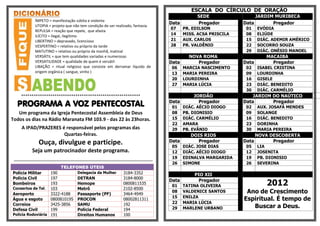 ESCALA DO CÍRCULO DE ORAÇÃO
                                                                                                               SEDE                 JARDIM MURIBECA
               ÍMPETO = manifestação súbita e violenta
                                                                                                  Data         Pregador        Data       Pregador
               UTOPIA = projeto que não tem condição de ser realizado, fantasia.
                                                                                                  07     PR. EDILSON            01    EVÓDIA
               REPULSA = reação que repele, que afasta
               ILÍCITO = ilegal, ilegítimo                                                        14     MISS. ACSA PRISCILA    08    ELIÚDE
               LIBERTINO = depravado, licencioso                                                  21     AUX. CARLOS            15    DIÁC. ADEMIR AMÉRICO
               VESPERTINO = relativo ou próprio da tarde                                          28     PR. VALDÊNIO           22    SOCORRO SOUZA
               MATUTINO = relativo ou próprio da manhã, matinal                                                                 29    DIÁC. ONÉSIO MANOEL
               VERSÁTIL = que tem qualidades variadas e numerosas                                          NOVA ROMA                     MACAIBA
               VERSATILIDADE = qualidade de quem é versátil                                       Data        Pregador         Data        Pregador
               LIBAÇÃO = ritual religioso que consiste em derramar líquido de                      06    MARCIA NASCIMENTO      02    ISABEL CRISTINA
               origem orgânica ( sangue, vinho )                                                   13    MARIA PEREIRA          09    LOURDINHA
                                                                                                   20    LOURDINHA              16    GISELE
                                                                                                   27    MARIA LÚCIA            23    DIÁC. BENEDITO
                                                                                                                                30    DIÁC. CARMÉLIO
     *********************************************************                                               JORDÃO                JARDIM DO NAÚTICO
   PROGRAMA A VOZ PENTECOSTAL                                                                     Data
                                                                                                   01
                                                                                                               Pregador
                                                                                                         DIÁC. AÉCIO DIOGO
                                                                                                                               Data
                                                                                                                                02
                                                                                                                                          Pregador
                                                                                                                                      AUX. JOSAFÁ MENDES
   Um programa da Igreja Pentecostal Assembleia de Deus                                            08    PB. DIONISIO           09    SOLANGE
Todos os dias na Rádio Maranata FM 103.9 - das 22 às 23horas.                                      15    DIÁC. CARMÉLIO         16    DIÁC. BENEDITO
                                                                                                   22    AMARA                  23    DORINHA
      A IPAD/PRAZERES é responsável pelos programas das                                            29    PB. EVÂNIO             30    MARIA PEREIRA
                       Quartas-feiras.                                                                      DOIS RIOS                 NOVA DESCOBERTA
                 Ouça, divulgue e participe.                                                      Data        Pregador         Data         Pregador
                                                                                                   05    DIÁC. JOSE DIAS        05    LIA
             Seja um patrocinador deste programa.                                                  12    DIÁC. AÉCIO DIOGO      12    JOSENITA
                                                                                                   19    EDINALVA MARGARIDA     19    PB. DIONISIO
 **********************************************************************************************    26    SIMONE                 26    SEVERINA
                                TELEFONES ÚTEIS
Polícia Militar    190                      Delegacia da Mulher            3184-3352                         PIO XII
Polícia Civil      197                      DETRAN                         3184-8000
Bombeiros          193
Consertos de Tel. 103
                                            Hemope                         0800811535
                                                                                                  Data
                                                                                                   01
                                                                                                               Pregador
                                                                                                         TATINA OLIVEIRA                 2012
                                            Metrô                          2102-8500
Aeroporto          3322-4188                Passaporte (PF)                3464-4949
                                                                                                   08    VALDENICE SANTOS       Ano de Crescimento
                                                                                                   15    ENILZA
Água e esgoto      0800810195               PROCON                         08002811311                                         Espiritual. É tempo de
Correios           3425-3856                SAMU                           192                     22    MARIA LÚCIA
Defesa Civil       199                      Policia Federal                194                     29    MARLENE URBANO           Buscar a Deus.
Policia Rodoviária 191                      Direitos Humanos               100
 