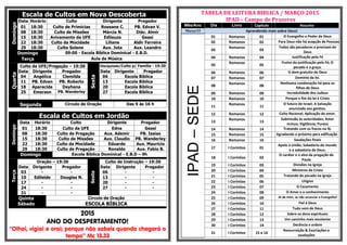 Escala de Cultos em Nova DescobertaDomingo
Data Horário Culto Dirigente Pregador
01 18:30 Culto de Primícias Roseane C. PB. Edvan V.
08 18:30 Culto de Missões Márcia N. Diác. Almir
15 18:30 Avivamento da UFE Edileuza Geasi
22 18:30 Culto da Mocidade Liliane Aldir Ferreira
29 18:30 Culto Solene Aux. Jota Aux. Leandro
Domingo 09:00 - Escola Bíblica Dominical - E.B.D.
Terça Aula de Música
Quarta
Culto da UFE/Pregação – 19:30
Sexta
Discipulado/Culto p/ Família - 19:30
Data Dirigente Pregador Data Dirigente Pregador
04 Angélica Clemilda 06 Escola Bíblica
11 PB. Edvan PB. Roberto 13 Escola Bíblica
18 Aparecida Dayhana 20 Escola Bíblica
25 Emerson PB. Wanderley 27 Escola Bíblica
Segunda Círculo de Oração Das 9 às 16 h
Escala de Cultos em Jordão
Domingo
Data Horário Culto Dirigente Pregador
01 18:30 Culto da UFE Edna Geasi
08 18:30 Culto de Pregação Aux. Ademir PB. Isaias
15 18:30 Culto de Missões Aux. Claudio PB. Wanderley
22 18:30 Culto da Mocidade Eduardo Aux. Mauricio
29 18:30 Culto de Pregação Ronaldo Aux. Fabio B.
Domingo Escola Bíblica Dominical - E.B.D – 9h
Terça
Oração – 19:30
Sexta
Culto de Instrução – 19:30
Data Dirigente Pregador Data Dirigente Pregador
03 - - 06 - -
10 Edileide Douglas N. 13 - -
17 - - 20 - -
24 - - 27 - -
31 - -
Quinta
Sábado
Circulo de Oração
ESCOLA BÍBLICA
2015
ANO DO DESPERTAMENTO!
“Olhai, vigiai e orai; porque não sabeis quando chegará o
tempo” Mc 13.33
TABELA DE LEITURA BIBLICA / MARÇO 2015
IPAD – Campo de Prazeres
Mês/Ano Dia Livro Capitulo Assunto
Março/15 Aprendendo mais sobre Deus!
IPAD–SEDE
01 Romanos 01 O Evangelho o Poder de Deus
02 Romanos 02 Para Deus não há acepção de Pessoas
03
Romanos
03
Todos são pecadores e precisam de
Deus
04 Romanos 04 Justificação pela Fé
05
Romanos
05
Frutos da justificação pela Fé; O
pecado e a graça.
06 Romanos 06 O dom gratuito de Deus
07 Romanos 07 Domínio da lei.
08
Romanos
08
Nenhuma condenação há para os
filhos de Deus
09 Romanos 09 Incredulidade dos Judeus
10 Romanos 10 Porque o fim da lei é Cristo
11
Romanos
11
O futuro de Israel; A Salvação
anunciada aos gentios.
12 Romanos 12 Culto Racional; Aplicação do amor.
13
Romanos
13
Submissão às autoridades; Amor
mútuo; Vigilância; Pureza
14 Romanos 14 Tratando com os fracos na fé.
15 Romanos 15 Agradando o próximo para edificação
16 Romanos 16 Saudações finais
17 I Coríntios 01
Apelo à União; Sabedoria do mundo
e a sabedoria de Deus.
18 I Coríntios 02
O caráter e o alvo da pregação de
Paulo
19 I Coríntios 03 Divisões na Igreja
20 I Coríntios 04 Ministros de Cristo
21 I Coríntios 05 Tratando do pecado na igreja
22 I Coríntios 06 Litígios
23 I Coríntios 07 O Casamento
24 I Coríntios 08 O Amor e o conhecimento
25 I Coríntios 09 Ai de mim, se não anunciar o Evangelho!
26 I Coríntios 10 Fiel é Deus
27 I Coríntios 11 Tudo vem de Deus
28 I Coríntios 12 Sobre os dons espirituais
29 I Coríntios 13 Um caminho mais excelente
30 I Coríntios 14 Decência e ordem
31 I Coríntios 15 e 16
Ressurreição & Exortações e
saudações
 
