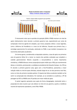 Núcleo de Estudos sobre o Congresso

http://necon.iesp.uerj.br/

Painel 2. Apoio médio ao governo por partidos. 

É interessante notar que os partidos da oposição (DEM e PSDB) mostram um nível de 
apoio  relativamente  maior  durante  o  primeiro  governo  Lula,  especialmente  por  conta  da 
composição  inicial  da  agenda  de  votações,  que  incluiu  propostas  afeitas  a  essas  legendas, 
como  a  Reforma  da  Previdência  e  a  nova  Lei  de  Falências.  Passada  essa  primeira  fase,  a 
estratégia  oposicionista  foi  acentuada,  sobretudo  no  PSDB,  o  que  também  transparece  nas 
recorrentes obstruções ao plenário. 
Em termos gerais, considerando os deputados votantes, a taxa de apoio nos primeiros 
anos  do  governo  Dilma  foi  a  menor  na  maioria  dos  partidos  analisados  que  compõem  a 
coalizão  governamental.  Mesmo  ocupando  a  vice‐presidência  e  outros  importantes 
ministérios, o PMDB ofereceu menor proporção de apoio médio que o PSB, que recentemente 
deixou o ministério, promovendo a candidatura presidencial de Eduardo Campos. Já o PR (ou 
PL  durante  o  primeiro  governo  Lula),  agora  sem  a  Vice‐Presidência,  apresentou  a  maior 
redução média no nível de apoio ofertado, estando longe de ser um dos parceiros mais fiéis, 
como no início do primeiro mandato petista. O impacto das faltas ao plenário também se faz 
sentir  na  comparação  dos  indicadores.  Por  exemplo,  ao  se  considerar  as  ausências,  o  PP  dá 
passagem ao PDT ou PMDB como 3º partido com maior média de apoio. 
O  painel  seguinte  apresenta  esse  apoio  de  forma  desagregada,  mostrando  tanto  a 
proporção  de  votos  tucanos  que  Lula  obteve  no  início  de  seu  governo,  quanto  a  tendência 
recente de importantes apoiadores, como PSB e PMDB. 
 
 
 
 

10

 