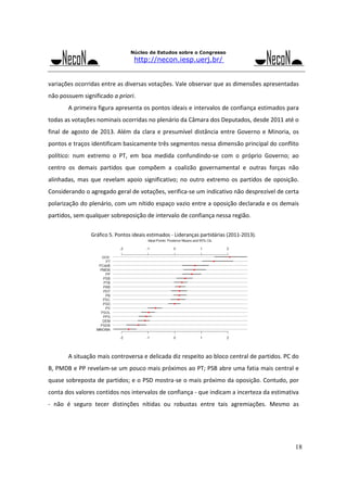 Núcleo de Estudos sobre o Congresso

http://necon.iesp.uerj.br/

variações ocorridas entre as diversas votações. Vale observar que as dimensões apresentadas 
não possuem significado a priori. 
A primeira figura apresenta os pontos ideais e intervalos de confiança estimados para 
todas as votações nominais ocorridas no plenário da Câmara dos Deputados, desde 2011 até o 
final  de  agosto  de  2013.  Além  da  clara  e  presumível  distância  entre  Governo  e  Minoria,  os 
pontos e traços identificam basicamente três segmentos nessa dimensão principal do conflito 
político:  num  extremo  o  PT,  em  boa  medida  confundindo‐se  com  o  próprio  Governo;  ao 
centro  os  demais  partidos  que  compõem  a  coalizão  governamental  e  outras  forças  não 
alinhadas,  mas  que  revelam  apoio  significativo;  no  outro  extremo  os  partidos  de  oposição. 
Considerando o agregado geral de votações, verifica‐se um indicativo não desprezível de certa 
polarização do plenário, com um nítido espaço vazio entre a oposição declarada e os demais 
partidos, sem qualquer sobreposição de intervalo de confiança nessa região. 
 
Gráfico 5. Pontos ideais estimados ‐ Lideranças partidárias (2011‐2013). 

 
 
A situação mais controversa e delicada diz respeito ao bloco central de partidos. PC do 
B, PMDB e PP revelam‐se um pouco mais próximos ao PT; PSB abre uma fatia mais central e 
quase sobreposta de partidos; e o PSD mostra‐se o mais próximo da oposição. Contudo, por 
conta dos valores contidos nos intervalos de confiança ‐ que indicam a incerteza da estimativa 
‐  não  é  seguro  tecer  distinções  nítidas  ou  robustas  entre  tais  agremiações.  Mesmo  as 

18

 