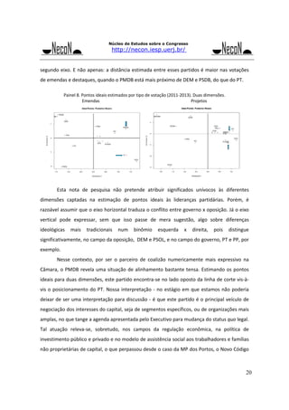 Núcleo de Estudos sobre o Congresso

http://necon.iesp.uerj.br/

segundo eixo. E não apenas: a distância estimada entre esses partidos é maior nas votações 
de emendas e destaques, quando o PMDB está mais próximo de DEM e PSDB, do que do PT. 
 
Painel 8. Pontos ideais estimados por tipo de votação (2011‐2013). Duas dimensões. 
Emendas 
 
 
 
 
        Projetos 

 

 
 
Esta  nota  de  pesquisa  não  pretende  atribuir  significados  unívocos  às  diferentes 

dimensões  captadas  na  estimação  de  pontos  ideais  às  lideranças  partidárias.  Porém,  é 
razoável assumir que o eixo horizontal traduza o conflito entre governo x oposição. Já o eixo 
vertical  pode  expressar,  sem  que  isso  passe  de  mera  sugestão,  algo  sobre  diferenças 
ideológicas  mais  tradicionais  num  binômio  esquerda  x  direita,  pois  distingue 
significativamente, no campo da oposição,  DEM e PSOL, e no campo do governo, PT e PP, por 
exemplo.  
 

Nesse  contexto,  por  ser  o  parceiro  de  coalizão  numericamente  mais  expressivo  na 

Câmara,  o  PMDB  revela  uma  situação  de  alinhamento  bastante  tensa.  Estimando  os  pontos 
ideais para duas dimensões, este partido encontra‐se no lado oposto da linha de corte vis‐à‐
vis  o  posicionamento  do  PT.  Nossa  interpretação  ‐  no  estágio  em  que  estamos  não  poderia 
deixar de ser uma interpretação para discussão ‐ é que este partido é o principal veículo de 
negociação dos interesses do capital, seja de segmentos específicos, ou de organizações mais 
amplas, no que tange a agenda apresentada pelo Executivo para mudança do status quo legal. 
Tal  atuação  releva‐se,  sobretudo,  nos  campos  da  regulação  econômica,  na  política  de 
investimento público e privado e no modelo de assistência social aos trabalhadores e famílias 
não proprietárias de capital, o que perpassou desde o caso da MP dos Portos, o Novo Código 

20

 