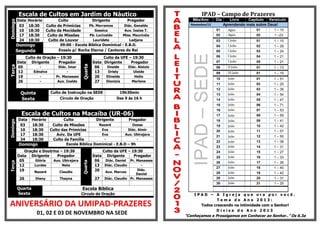Escala de Cultos em Jardim do Náutico
Horário
Culto
Dirigente
Pregador
Pb. Morramos
Diác. Genaldo
18:30
Culto de Primícias
Gessica
Aux. Isaias T.
18:30
Culto da Mocidade
Pb. Lucivaldo
Miss. Mauricéia
18:30
Culto de Missões
Lauridete
Ladjane
18:30
Culto de Louvor
09:00 - Escola Bíblica Dominical - E.B.D.
Domingo
Ensaio p/ Rocha Eterna / Cantores do Rei
Segunda

Domingo

Data
03
10
17
24

IPAD – Campo de Prazeres
Mês/Ano

Dia

Novembro/13

Livro
Capitulo Versículo
Aprendendo mais sobre Deus!

Culto de Instrução na SEDE

19h30min

Círculo de Oração

Das 9 às 16 h

Data
03
10
17
24

Horário
Culto
Dirigente
Pregador
Nazaré
Ozeas
18:30
Culto de Missões
Eva
Diác. Almir
18:30
Culto das Primícias
Eva
Aux. Ubirajara
18:30
Aviv. Da UFE
18:30
Culto da Família
Escola Bíblica Dominical - E.B.D – 9h
Domingo

Oração e Doutrina – 19:30
Data Dirigente
Pregador
Glória
Aux. Ubirajara
05
Lurdes
Nete
12
19
Nazaré
Claudio
26

Quarta
Sexta

Diany

Thayna

Quarta

Terça

Domingo

Escala de Cultos na Macaíba (UR-06)

Culto da UFE – 19:30
Data Dirigente
Pregador
Diác. Daniel Pr. Manasses
06
13 Diác. Claudio
Diác.
20
Aux. Marcos
27

Daniel
Diác. Claudio Pr. Manasses

1 –23

03

I João

01

1 – 10

04

I João

02

1 – 29

05

I João

03

1 – 24

06

I João

04

1 – 21

07

I João

05

1 – 21

08

II João

01

1 – 13

09

III João

01

1 – 15

10

João

01

1 – 51

11

João

02

1 – 25

12

João

03

1 – 36

13

João

04

1 – 54

14

João

05

1 – 47

15

João

06

1 – 71

16

João

07

1 – 53

17

João

08

1 – 59

18

João

09

1 – 41

19

João

10

1 – 42

20

João

11

1 – 57

21

João

12

1 – 50

22

13

1 – 38

23

João
João

14

1 – 31

24

João

15

1 – 27

25

João

16

1 – 33

26

João

17

1 – 26

27

João

18

1 – 40

28

João

19

1 – 42

29

IPAD – SEDE

Quarta

Terça

Quinta
Sexta

Culto da UFE – 19:30
Data Dirigente
Pregador
Oneide
Diác. Aloizio
06
Driely
Uleide
13
Elineide
Helio
20
Dionizia
Marlene
27

1 – 15

02

João

20

1 – 31

30

Culto de Oração – 19:30
Data Dirigente
Pregador
Diác. Imar
05
Ednalva
12
Pr. Manasses
19
Aux. Inaldo
26

Ageu
Ageu

01

02

João

21

1 – 25

01

Escola Bíblica
Circulo de Oração

ANIVERSÁRIO DA UMIPAD-PRAZERES
01, 02 E 03 DE NOVEMBRO NA SEDE

IPAD – A Igreja que ora por você.
Tema do Ano 2013:
Todos crescendo na intimidade com o Senhor!
Divisa do Ano 2013

“Conheçamos e Prossigamos em Conhecer ao Senhor..” Os 6.3a

 