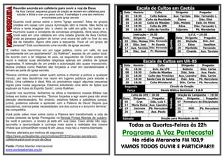 Reunião secreta em cafeteria para ouvir a voz de Deus
Na Ásia Central, pequenos grupos de oração se reúnem em cafeterias para
estudar a Bíblia e orar uns pelos outros. A estratégia é uma das melhores
encontradas pela igreja secreta
Quando você pensa sobre o termo "igreja secreta", fotos de grupos
cristãos em casas com pouca iluminação vêm à mente. Mas feche os
olhos e tente imaginar isto: o cheiro de café em grão, luz baixa, e o
murmúrio suave e constante de conversas amigáveis. Abra seus olhos.
Você está em uma cafeteria em uma cidade grande da Ásia Central,
onde as pessoas gostam de tomar uma xícara de café no final do seu
dia de trabalho. Agora olhe para a esquerda. Você vê um grupo de
pessoas? Está acontecendo uma reunião da igreja secreta.
"É melhor nos reunirmos em um lugar público, como um café, do que
secretamente em um apartamento", diz Raikhan*, esposa de um pastor local.
De acordo com a lei religiosa do país, os seguidores de Cristo podem se
reunir e realizar suas atividades religiosas apenas em prédios de igrejas
registradas. A obtenção de um prédio e autorização são quase impossíveis.
Muitos cristãos como Raikhan são forçados a viver em clandestinidade e
tornam-se parte da igreja secreta.
"Nossos vizinhos podem saber quem somos e chamar a polícia a qualquer
minuto, por isso decidimos nos reunir em lugares públicos para estudar a
Bíblia. Uma cafeteria é ideal. Nós só precisamos seguir algumas pequenas
regras para nossa segurança. Estamos estudando uma série de lições que
explicam os frutos do Espírito Santo”, conta Raikhan.
Quando nos reunimos, fechamos os olhos e mantemos nossas Bíblias nas
bolsas em todos os momentos. "Somos forçados a agir assim para não atrair
atenção desnecessária. No entanto, estamos felizes e satisfeitos porque,
juntos, podemos estudar e aprender com a Palavra de Deus! Depois que
estudamos, oramos pelas necessidades uns dos outros e o encontro termina”,
ela compartilha.
Você pode saber mais sobre como a Palavra tem transformado a vida de
muitas pessoas da Igreja Perseguida na Revista Portas Abertas de outubro.
Se você é parceiro, a revista já está em sua casa. Caso ainda não seja,
aproveite a oportunidade e conheça mais sobre a realidade dos nossos
irmãos que compartilham nossa fé em Jesus, mas não a mesma liberdade.
*Nomes alterados por motivos de segurança.
https://www.portasabertas.org.br/noticias/2015/10/reuniao-secreta-em-
cafeteria-para-ouvir-a-voz-de-Deus
Fonte: Portas Abertas Internacional
www.portasabertas.org.br
Escala de Cultos em Caetés
Domingo
Data Horário Culto Dirigente Pregador
01 18:30 Culto Solene Aux. Tarcisio Diác. Fernando L.
08 18:30 Culto da Mocidade Elaine Diác. Eliel
15 18:30 Culto de Missões Diác. Moises Exib. De Filme
22 18:30 Culto da UFE Edna Diác. Fernando L.
29 18:30 Culto da Família Edjanete Pb. Wanderley
Terça
Instrução – 19:30
Quinta
U.F.E. – 19:30
Data Dirigente Pregador Data Dirigente Pregador
03 Diác. Moises Diác. Fernando 05 Michelle Diác. Joel
10 Diác. Joel Pr. Evanio 12 Edna Joseilton
17 Aux. Tarcisio Diác. Fernando 19 Marileide Fernando
24 Diác. Joel Pr. Manasses 26 Cineide Aux. Tarcisio
Escala de Cultos em UR-05
Domingo
Data Horário Culto Dirigente Pregador
01 18:30 Aviv. Da UFE Betânia Diác. Carlos
08 18:30 Culto de Missões Diác. Jota Aux. Paulo
15 18:30 Culto das Primícias Aux. Leandro Diác. Carlos
22 18:30 Santa Ceia do Senhor Diác. Jota Pb. Herculano
29 18:30 Culto Ministerial Diác. Carlos Pb. Herculano
Segunda Circulo de Oração
Terça Escola Bíblica Dominical - E.B.D
Quinta
Culto da UFE – 19:30
Sábado
Oração da Campanha – 19:30
Data Dirigente Pregador Data Dirigente Pregador
05 Crys Diác. Luiz F. 07 Formatura do Discipulado
12 Maria Dulce Aux. Leandro 14 - -
19 Jacirene Pb. Herculano 21 Milli Pb. Herculano
26 Avany Aux. Paulo 28 - -
Sábado Oração para Mocidade às 6h
Todas as Quartas-Feiras às 22h
Programa A Voz Pentecostal
Na rádio Maranata FM 103,9
VAMOS TODOS OUVIR E PARTICIPAR!!!
 