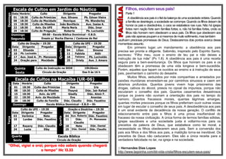 Escala de Cultos em Jardim do NáuticoDomingo
Data Horário Culto Dirigente Pregador
01 18:30 Culto de Primícias Aux. Silvano Pb. Edvan Vieira
08 18:30 Culto da Mocidade Henrique Pb. Wanderley
15 18:30 Culto de Missões João Bonifácio Aux. Isaias A.
22 18:30 Aviv. Da UFE Maria Neris Diác. Imar
29 18:30 Culto de Pregação Roberta Pb. Lucivaldo
Domingo 09:00 - Escola Bíblica Dominical - E.B.D.
Segunda Ensaio p/ Rocha Eterna / Cantores do Rei
Terça
Culto de Oração – 19:30
Quarta
Culto da UFE – 19:30
Data Dirigente Pregador Data Dirigente Pregador
03 Elineide - 04 Lilian Simone
10 Pb. Lucivaldo - 11 Fabíola Aldir
17 Aux. José A. Pr. Manasses 18 Fabiana Pb. Lucivaldo
24 Oração para Mocidade 25 Driely Aux. J. Amaro
Quinta Culto de Instrução na SEDE 19h30min
Sexta Círculo de Oração Das 9 às 16 h
Escala de Cultos na Macaíba (UR-06)
Domingo
Data Horário Culto Dirigente Pregador
01 18:30 Culto das Primícias Eva Iris
08 18:30 Culto de Missões Thayná Diác. Jair Rafael
15 18:30 Aviv. da UFE Giselly Diác. Almir F.
22 18:30 Aviv. da Mocidade Eva Ananias
29 18:30 Culto da Família Diác. Claudio Diác. Faustino
Domingo Escola Bíblica Dominical - E.B.D – 9h
Terça
Culto da UFE – 19:30
Quarta
Oração e Doutrina – 19:30
Data Dirigente Pregador Data Dirigente Pregador
03 Verônica Nete 04 Aux. Roberto Diác. Faustino
10 Lurdes Diác. Faustino 11 Diác.
Claudio
Pr. Manasses
17 Rayany Diác. Claudio 18 Nete Diác. Daniel
24 Luzia Elby 25 Diác. Daniel Diác. Claudio
Quarta Escola Bíblica
Sexta Circulo de Oração
“Olhai, vigiai e orai; porque não sabeis quando chegará
o tempo” Mc 13.33
Filhos, escutem seus pais!
Parte1
Aobediênciaaospaiséofieldabalançadeumasociedadeordeira.Quando
afamília se desintegra,a sociedade se corrompe.Quandoosfilhosdeixamde
honrar os pais e obedecê-los, o caos se estabelece nas ruas. Não há igrejas
fortes nem nação forte sem famílias fortes; e, não há famílias fortes, onde os
filhos não honram nem obedecem a seus pais. Os filhos que obedecem aos
paisnãoapenaspoupamasimesmosdemuitosofrimento,mastambém
usufruem preciosas promessas de Deus. Destacaremos dois pontos acerca desse
momentosoassunto.
Em primeiro lugar, um mandamento: a obediência aos pais
precisa ser pronta e diligente. Salomão, inspirado pelo Espírito Santo,
escreveu: “Filho meu, ouve o ensino de teu pai e não deixes a
instrução de tua mãe” (Pv 1.8). A obediência aos pais é uma receita
segura para a bem-aventurança. Os filhos que honram os pais e os
obedecem têm a promessa de uma vida longeva e bem-sucedida.
Porém, aqueles que tapam os ouvidos ao ensino e à instrução de seus
pais, pavimentam o caminho do desastre.
Muitos filhos, seduzidos por más companhias e arrastados por
paixões mundanas enveredam-se por caminhos sinuosos e caem em
abismos profundos. Quantos jovens vivem hoje prisioneiros das
drogas, cativos do álcool, presos no cipoal da impureza, porque não
escutaram o conselho dos pais. Quantos casamentos desastrosos
porque os jovens não ouviram a orientação dos pais no tempo do
namoro. Quantos fracassos morais, quantas lágrimas amargas,
quantas mortes precoces porque os filhos preferiram ouvir outras vozes
em lugar de escutar o conselho de seus pais. A desobediência aos pais
é um sinal evidente da decadência da nossa geração. O conflito de
relacionamento entre pais e filhos é uma prova insofismável do
fracasso da nossa civilização. A única forma de termos famílias sólidas,
igrejas saudáveis e uma sociedade justa é voltarmo-nos para os
preceitos da palavra de Deus, que estabelece como lei moral, a
necessidade os filhos obedecerem seus pais. Sem a conversão dos
pais aos filhos e dos filhos aos pais, a maldição torna-se inevitável. Os
preceitos de Deus não caducaram. Eles são a única receita para a
verdadeira felicidade no lar, na igreja e na sociedade.
:: Hernandes Dias Lopes
http://www.lagoinha.com/ibl-vida-crista/filhos-escutem-seus-pais/
 