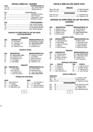 ESCOLA BÍBLICA - GUAIRA                                                         ESCOLA BÍBLICA EM ASSIS CHAT.
DIAS                                                          COORDENADOR (A)
13 e 27...........................................................Dc. Carlos Alberto                                      DIREÇÃO
06 e 20 ...................................................... ..Mágda Macorim          Dias: 06 e 20 .........................................Irª Maria Paixão
                                                                                        Dias:13 e 27 ...........................................Ir. José Maller
DIA                                                 SECRETÁRIA (O)                                                   PROFESSORES
06 ...............................................................Elizabeth Guedes      Dias: 06 e 20 ................................................ Ir. Vanderlei Gou
13 ..............................................................Nair Cardoso           Dias:13 e 27................................................ Dc. Valdomiro Tisi
20 ................................................................Margarete E. Santo
27 .............................................................. Elizabeth Guedes
                                                                                         AGENDA DA DIRETORIA DA IAP EM NOVA
DIA                                                     PROFESSORES                                   AURORA
06 ................................................. .........Dsa. Jersina Borges
13.............................................................Profª. Silvana Borges                                     DOMINGO
 20............................................................Pb.Reginaldo Marque      DIA           DIRIGENTES                         MENSAGEIROS (A)
27 .................................................... ......Dsa. Jersina Borges       07       Ir. Rogério Laert                        Ir. José Rodrigues
                                                                                        14       Ir. Ademir Donizete                      Dc. Amilton Cruz
        AGENDA DA DIRETORIA DA IAP EM ASSIS                                             21       Ir. Rogério Laert                       Pr. José Carlos Filho
                 CHATEAUBRIAND                                                          28       Irª Elza Cipriano                       Ir. Rogério Laert

                         DOMINGO                                                                          QUARTA FEIRA
DIA            DIRIGENTES        MENSAGEIROS (A)                                        DIA        DIRIGENTES          MENSAGEIROS (A)
                                                                                        03            Ir. José Rodrigues                      Irª Meiry Alves
07             Irª Ana Maria                         Irª Sebastiana Cardoso
                                                                                        10            Irª Rode Miak                           Irª Salma da Costa
14             Dc. Valdomiro Tisi                    Pr. José Carlos Filho
                                                                                        17            Ir. Ademir Donizete                     Ir. José Rodrigues
21             Ir. José Maller                        Dc. Valdomiro Tisi
                                                                                        24            Irª Marcia                             Ir. Gizele Cipriano
28             Dc. Valdomiro Tisi                    Ir. Vanderlei Gou
                                                                                        31            Irª Elza Cipriano                      Irª Salma da Costa
                                QUARTA FEIRA                                                                             SÁBADO
                                                                                        DIA        DIRIGENTES                             MENSAGEIROS (A)
DIA         DIRIGENTES                               MENSAGEIROS (A)                    06        Ir. José Rodrigues                      Pr. José Carlos Filho
03          Pr. José Carlos Filho                    Pr. Claudemir Onofre               13        Dc. Amilton Cruz                        Dsa. Marinalva Goldc
10          Dc. Valdomiro Tisi                       Ir. José Maller                    20        Irª Salma da Costa                      Dc. Amilton Cruz
17          Irª Sebastiana Car                       Ir. José dos Santos                27        Dc. Amilton Cruz                        Ir. José Rodrigues
24          Irª. Ana Maria                           Irª Sebastiana Car
31         Ir. José Maller                           Dc. Valdomiro Tisi
                                                                                                            SERVIÇO DIACONAL
                                                                                        DIA       -     PORTA           DIA -                        PORTA
                                   SÁBADO                                               06 .........Irª Shirley C                      07 ..........Ir. Ademir Doniz
DIA      DIRIGENTES                                  MENSAGEIROS (A)                    13 ..........Ir. Rogério L                     14 .........Irª Meiry Alves.
06           Ir. José Maller                         Dc. Emílio Maller                  20 ..........Irª Leonice A.                    21 ..........Irª Salma da Co
13           Dsa. Nazira S.                          Irª Sebastiana Car                 27 .........Dsa. Marinalva G.                  28 . .......Ir. José Rodrigu
20           Ir. Vanderlei Gou                       Irª . José dos Santos
27           Ir. José dos Santos                     Pr. José Carlos Filho                                         ESCOLA BÍBLICA
                        TRABALHO DIACONAL                                               DIREÇÃO
                                                                                        DIAS: 06 ...................................................Ir. Anderson Gold
                                                                                        Dia : 20 ..................................................Gisele Cipriano
DIAS                                            DIAS                                    DIAS: 13 e 27, ...........................................Irª. Salma da Costa
06........Dsa. Nazira S.                        07 .............Dc. Expedito J.                                     PROFESSORES
13 ....... Irª Helena                           14........Irª. Ana Maria
                                                                                        Dia:      06 ...............................................Dsa. Marinalva Gold
20 .......Ir. José Maller                       21 .......Ir. José dos Santos
                                                                                        Dia:      27 .................................................Ir. Rogério Laert
27 ......Irª Sebastiana Car                     28 .......Ir. José dos Santos           Dia:    ..13 ................................................ Dc. Amilton Cruz
                                                                                        Dia:    . 20 ............................................. ..Dsa. Marinalva Guld
                                         04                                                                                     05
 