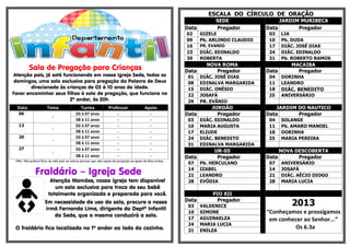 Sala de Pregação para Crianças
Atenção pais, já está funcionando em nossa Igreja Sede, todos os
domingos, uma sala exclusiva para pregação da Palavra de Deus
direcionada às crianças de 03 à 10 anos de idade.
Favor encaminhar seus filhos à sala de pregação, que funciona no
2º andar, às 20h.
Data Tema Turma Professor Apoio
06
-
03 à 07 anos - -
08 à 11 anos - -
13
-
03 à 07 anos - -
08 à 11 anos - -
20
-
03 à 07 anos - -
08 à 11 anos - -
27
-
03 à 07 anos - -
08 à 11 anos - -
Obs: Não poderá ficar na sala pais ou outras pessoas que não sejam da pregação ou apoio da lista acima.
Fraldário – Igreja Sede
Atenção Mamães, nossa igreja tem disponível
um sala exclusiva para troca de seu bebê
totalmente organizada e preparada para você.
Em necessidade de uso da sala, procure a nossa
irmã Fernanda Lima, dirigente do Deptº Infantil
da Sede, que a mesma conduzirá a sala.
O fraldário fica localizado no 1º andar ao lado da cozinha.
ESCALA DO CÍRCULO DE ORAÇÃO
SEDE JARDIM MURIBECA
Data Pregador Data Pregador
02 GIZELE 03 LIA
09 Pb. ARLINDO CLAUDIO 10 Pb. DUDA
16 PR. EVANIO 17 DIÁC. JOSÉ DIAS
23 DIÁC. EDINALDO 24 DIÁC. EDINALDO
30 ROBERTA 31 Pb. ROBERTO RAMOS
NOVA ROMA MACAIBA
Data Pregador Data Pregador
01 DIÁC. JOSÉ DIAS 04 DORINHA
08 EDINALVA MARGARIDA 11 LEANDRO
15 DIÁC. ONÉSIO 18 DIÁC. BENEDITO
22 JOSAFÁ 25 ANIVERSÁRIO
29 PR. EVÂNIO
JORDÃO JARDIM DO NAUTICO
Data Pregador Data Pregador
03 DIÁC. EDINALDO 04 SOLANGE
10 MARIA AUGUSTA 11 Pb. AMARO MANOEL
17 ELIUDE 18 DORINHA
24 DIÁC. BENEDITO 25 MARIA PEREIRA
31 EDINALVA MARGARIDA
UR-05 NOVA DESCOBERTA
Data Pregador Data Pregador
07 Pb. HERCULANO 07 ANIVERSÁRIO
14 IZABEL 14 JOSAFÁ
21 LEANDRO 21 DIÁC. AÉCIO DIOGO
28 EVÓDIA 28 MARIA LUCIA
PIO XII
Data Pregador
2013
“Conheçamos e prossigamos
em conhecer ao Senhor...”
Os 6.3a
03 VALDENICE
10 SIMONE
17 AGUINAELZA
24 MARIA LUCIA
31 ENILZA
 