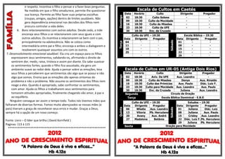 e respeito. Incentiva o filho a pensar e a fazer boas perguntas.
                Na medida em que o filho amadurece, permite-lhe questionar                             Escala de Cultos em Caetés
                sua licença. Permite ao filho fazer suas próprias escolhas                   Data    Horário         Culto                  Dirigente         Pregador




                                                                                   Domingo
                (roupas, amigos, opções) dentro de limites saudáveis. Não                     02     18:30        Culto Solene                  -                 -
                                                                                              09     18:30     Culto da Mocidade                -                 -
                gera dependência emocional nas decisões dos filhos nem
                                                                                              16     18:30      Culto de Missões                -                 -
                procura controlar a vida deles.                                               23     18:30        Culto da UFE                  -                 -
          6. Bons relacionamentos com outros adultos. Desde cedo, a mãe                       30     18:30      Enc. da Cruzada
              encoraja seus filhos a se relacionarem com seus iguais e com                          Culto da UFE – 19:30                         Escola Bíblica – 19:30
              outros adultos. Os incentiva a relacionarem-se bem com o pai,                  Data     Dirigente    Pregador               Data    Dirigente      Pregador




                                                                                                                                 Sábado
                                                                                              04          -           -                    01         -              -




                                                                                   Terça
              principalmente na adolescência. Não se coloca como
              intermediária entre pai e filho; encoraja a ambos a dialogarem e                11          -           -                    08         -              -
              resolverem quaisquer assuntos uns com os outros.                                18          -           -                    15         -              -
                                                                                              25          -           -                    22         -              -
 7. Desenvolvimento emocional saudável. Ela cria um espaço para os filhos                                 -           -                    29         -            -
     expressarem seus sentimentos, validando-os, afirmando o direito de
     sentirem dor, medo, raiva, tristeza e assim por diante. Ela sabe suavizar
     os sentimentos fortes; quando o filho fica assustado, ela gera um
     ambiente suave ao redor dele. Ajuda a pensar sobre as emoções, leva                     Escala de Cultos em UR-05 (Antiga Dois Rios)
     seus filhos a perceberem que sentimentos são algo que se possui e não                   Data Horário        Culto             Dirigente        Pregador




                                                                                   Domingo
     algo que somos. Ensina que as emoções são apenas sintomas do                             02  18:30      Aviv. Da UFE        Aux. Leandro            -
     problema e não o problema. Não assume os sentimentos dos filhos nem                      09  18:30    Culto de Missões          Denys        Aux. Rinaldo
                                                                                              16  18:30   Culto das Primícias     Aux. Paulo       Diác. Luiz F.
     reage a eles. Quando é apropriado, sabe confrontar os sentimentos,
                                                                                              23  18:30 Culto para Mocidade Aux. Leandro           Aux. Paulo
     com amor. Ajuda os filhos a trabalharem seus sentimentos para                            30  18:30    Enc. da Cruzada          Juliana       Aux. Leandro
     tomarem atitudes apropriadas, finalmente chegando vão amor, à paz e                     Segunda                        Circulo de Oração
     ao equilíbrio.                                                                           Terça                  Escola Bíblica Dominical - E.B.D
    Ninguém consegue ser assim o tempo todo. Todos nós tivemos mães que                             Culto da UFE – 19:30                     Estudos – 19:30
falharam de diversas formas. Fomos muito abençoados se nossas mães (e                        Data     Dirigente    Pregador          Data Dirigente       Pregador




                                                                                   Quinta




                                                                                                                                 Sábado
pais) tiveram a graça de reconhecer seus erros e mudar. Graças a Deus,                        06       Wladia    Aux. Leandro         01     Juliana     Diác. Luiz
sempre há a opção de um novo começo.                                                          13       Vitoria   Pb. Herculano        08     Juliana     Aux. Paulo
                                                                                              20        Avany     Aux. André          15     Crisley Aux. Leandro
Fonte: Livro – O líder que brilha ( David Kornfield )                                         27      Madalena      Betânia           22 Diác. Luiz F. Pb. Herculano
                                                                                                                                      29    Juliana Pb. Herculano
Paginas: 113 á 115
                                                                                             Sexta                            Oração para Mocidade
  *************************************************************




            “A Palavra de Deus é viva e eficaz...”                                                   “A Palavra de Deus é viva e eficaz...”
                         Hb 4.12a                                                                                 Hb 4.12a
 